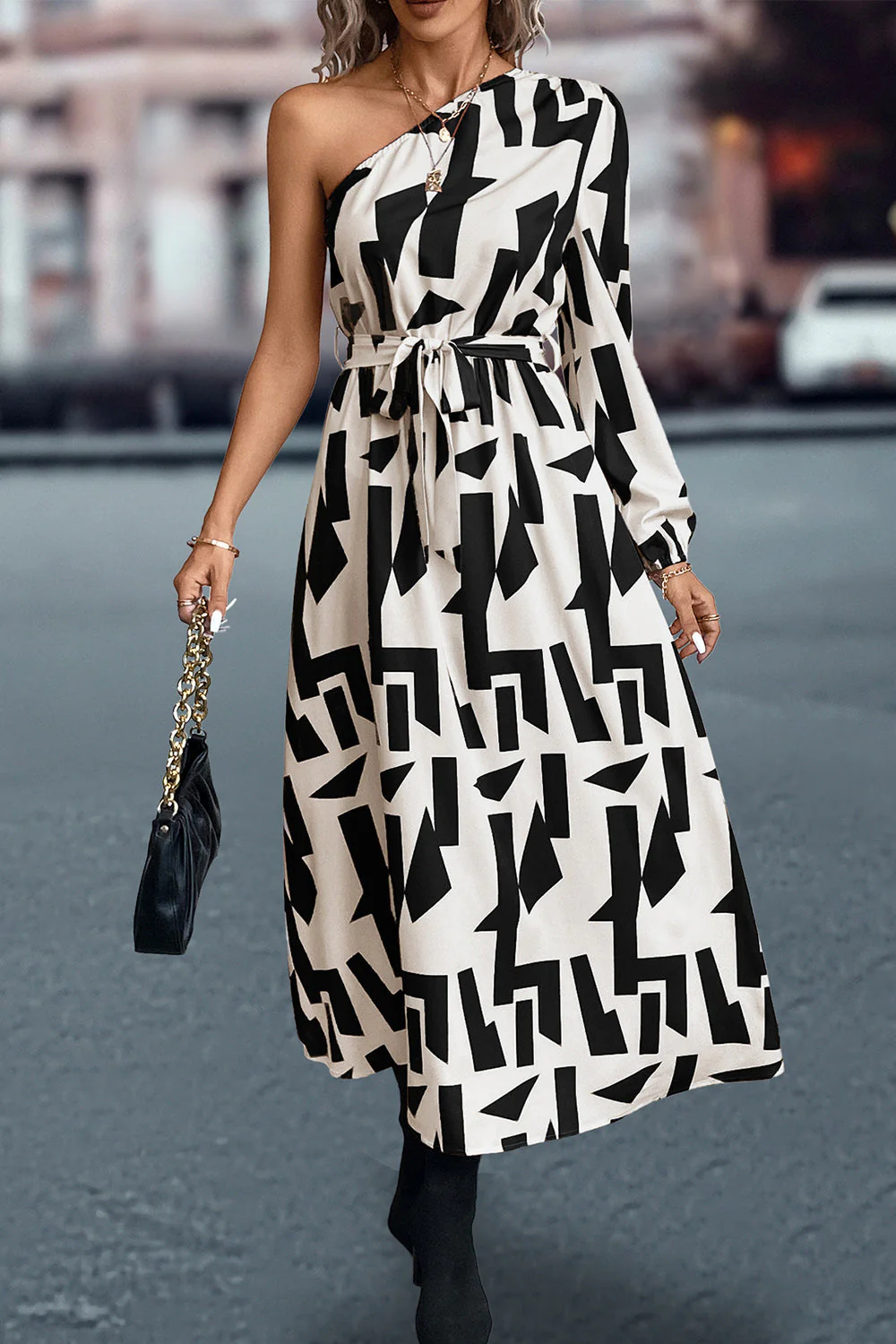Printed One-Shoulder Tie Waist Dress - Image 4