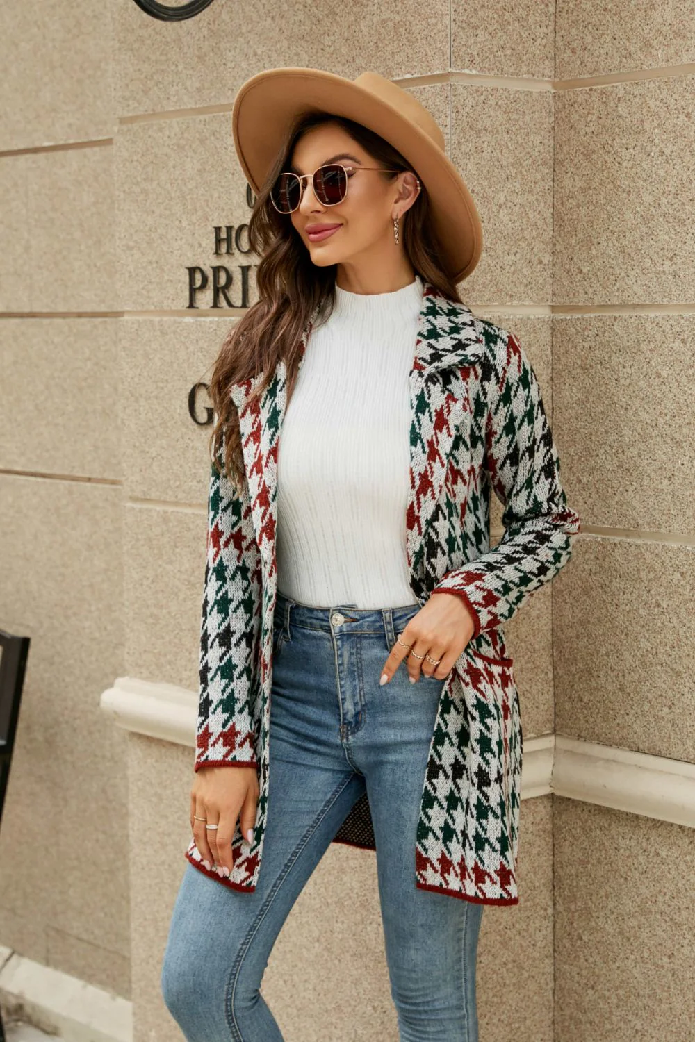 Printed Open Front Lapel Collar Cardigan with Pockets - Image 11