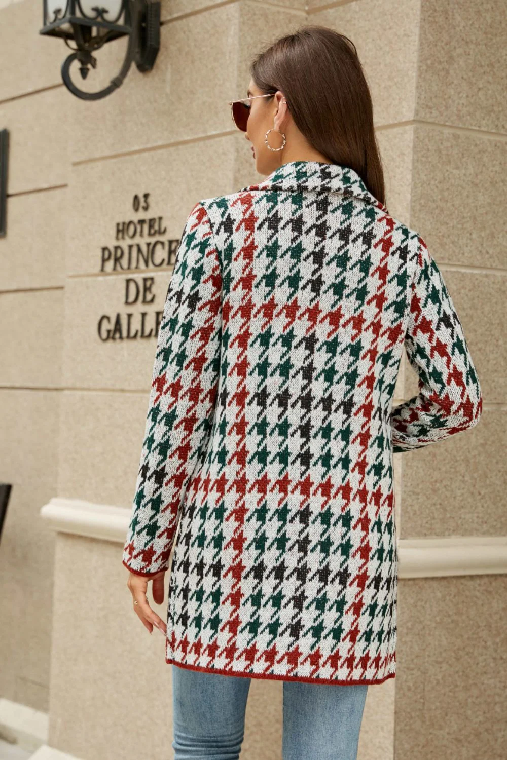 Printed Open Front Lapel Collar Cardigan with Pockets - Image 12