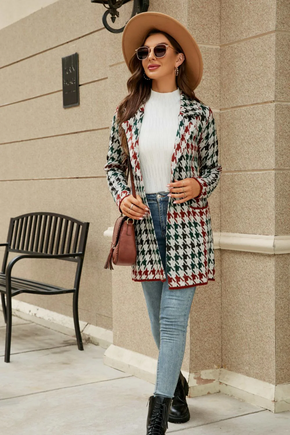 Printed Open Front Lapel Collar Cardigan with Pockets - Image 13