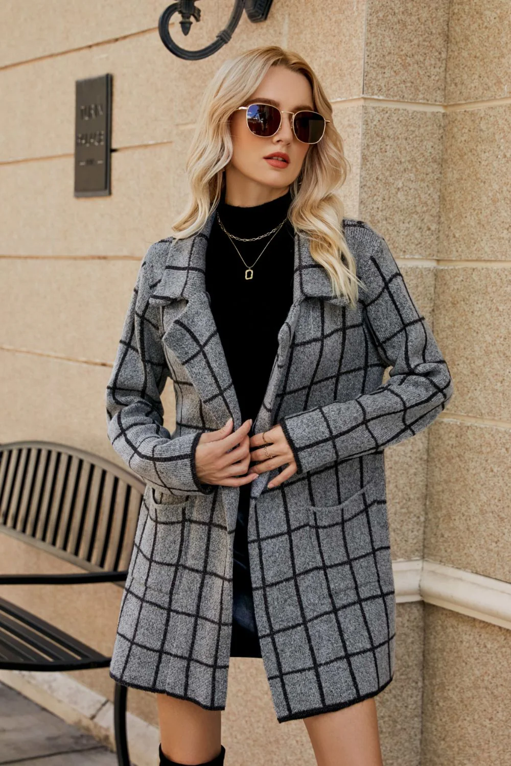 Printed Open Front Lapel Collar Cardigan with Pockets - Image 2