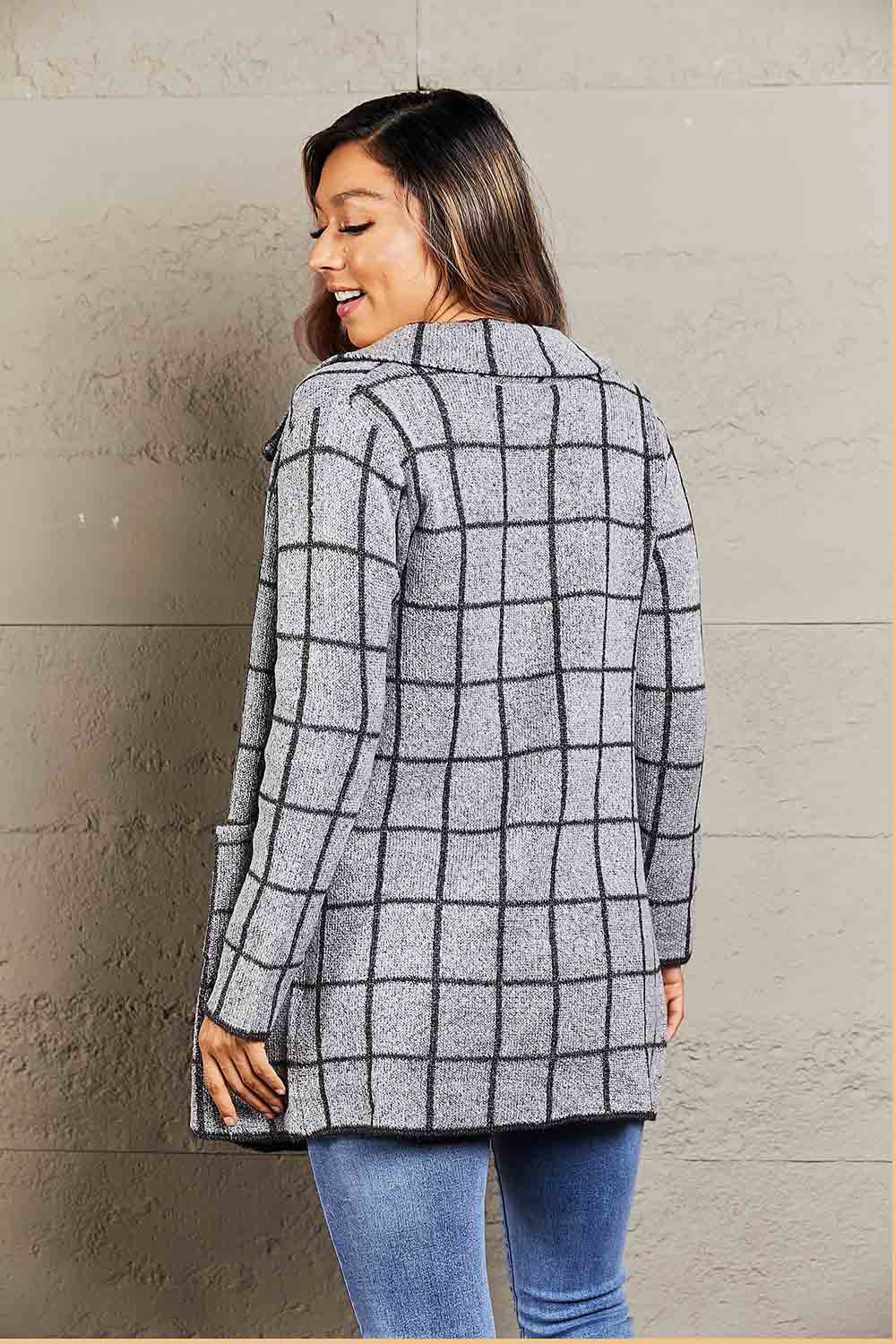 Printed Open Front Lapel Collar Cardigan with Pockets - Image 4