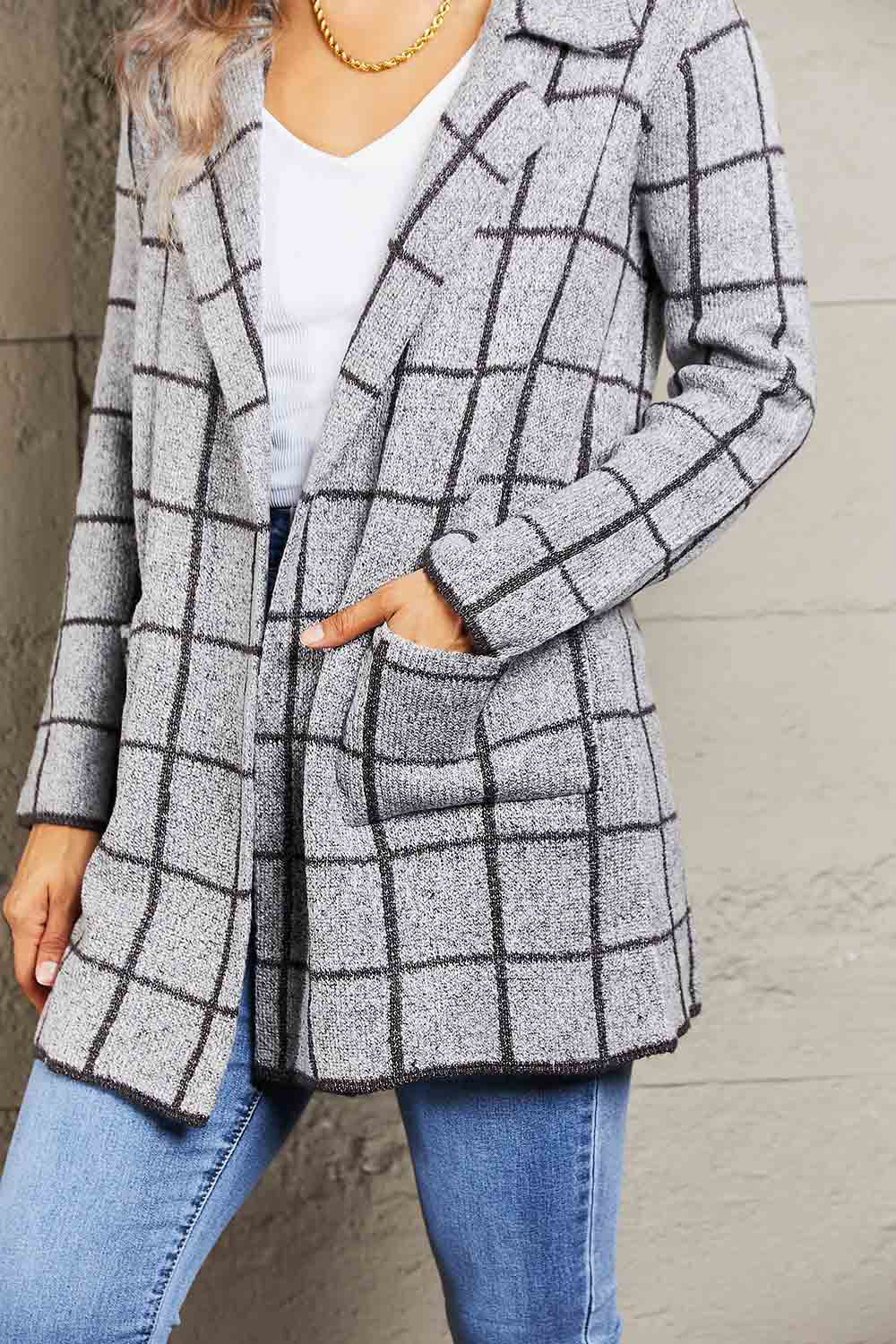 Printed Open Front Lapel Collar Cardigan with Pockets - Image 6