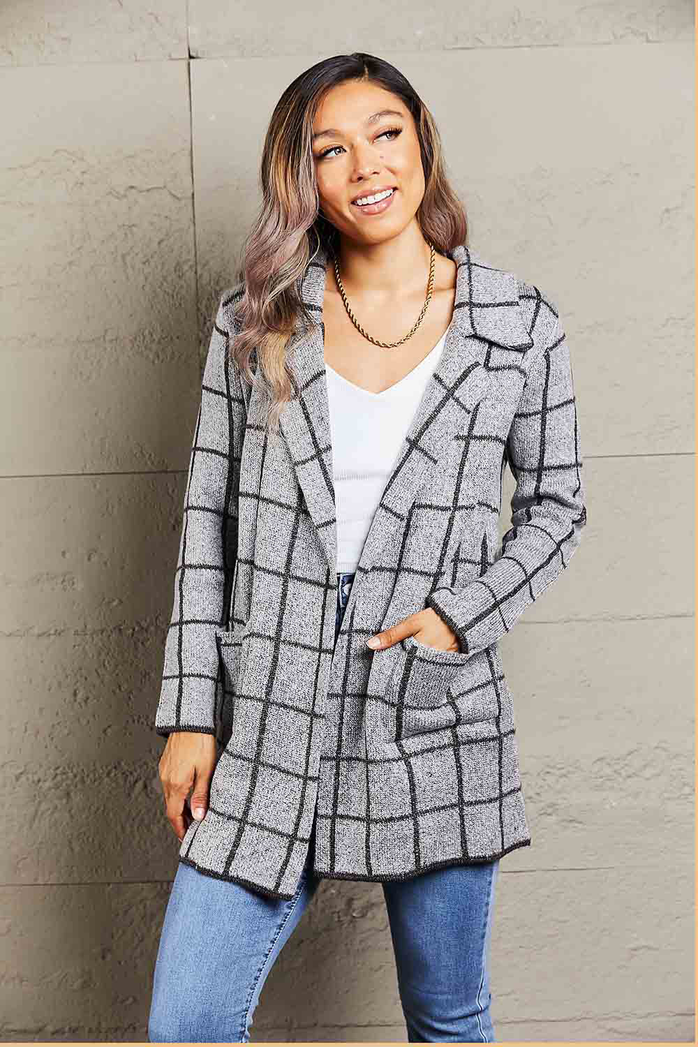 Printed Open Front Lapel Collar Cardigan with Pockets - Image 7