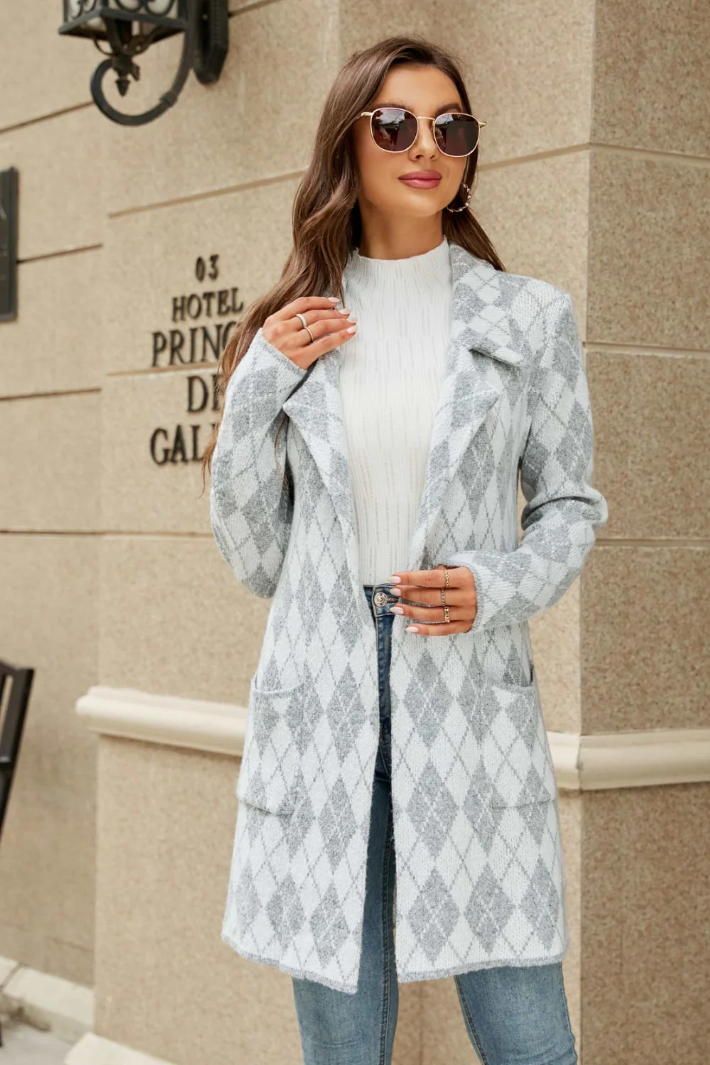 Printed Open Front Lapel Collar Cardigan with Pockets - Image 8