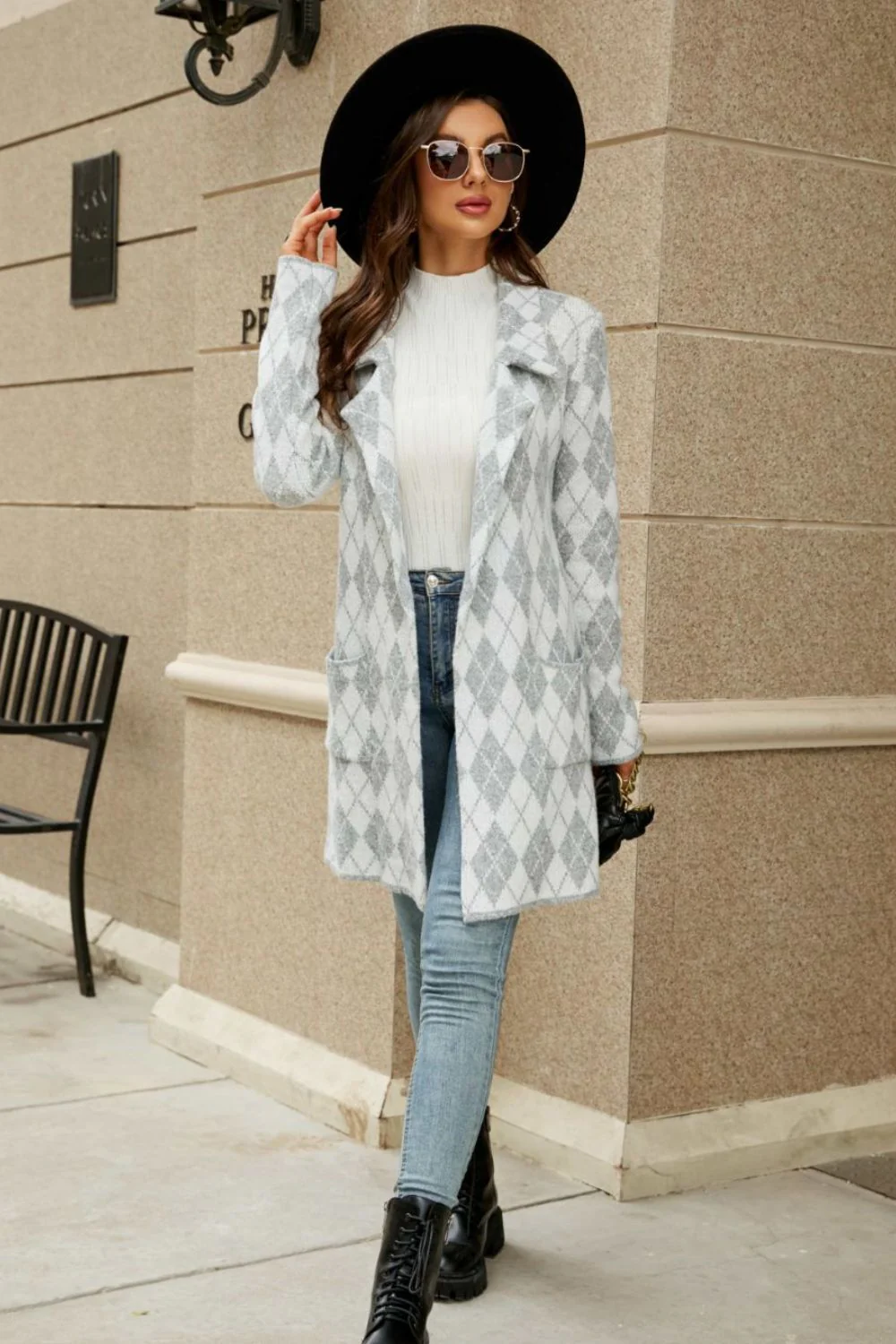Printed Open Front Lapel Collar Cardigan with Pockets - Image 9