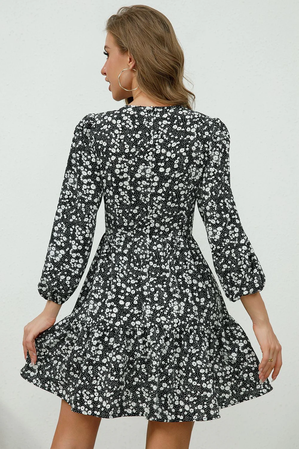 Printed Plunge Neck Flounce Sleeve Mini Dress - Image 2