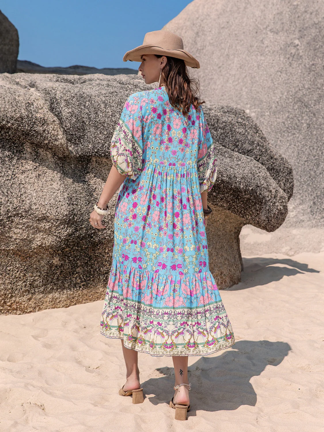 Printed Puff Sleeve Ruched Midi Dress - Image 2