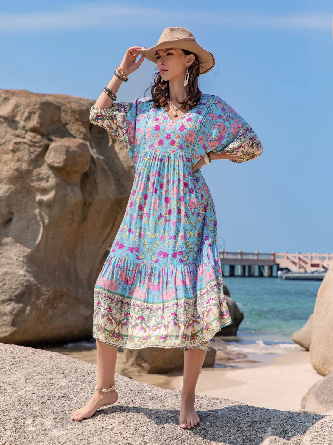 Printed Puff Sleeve Ruched Midi Dress - Image 3