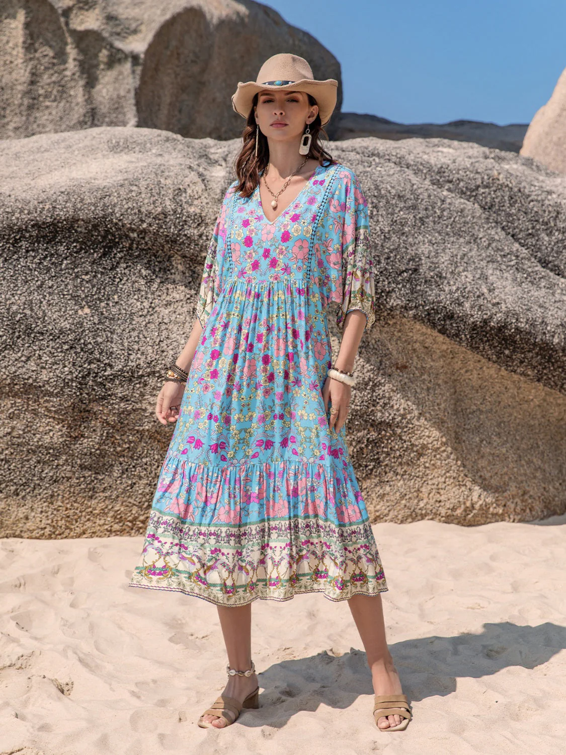 Printed Puff Sleeve Ruched Midi Dress - Image 4