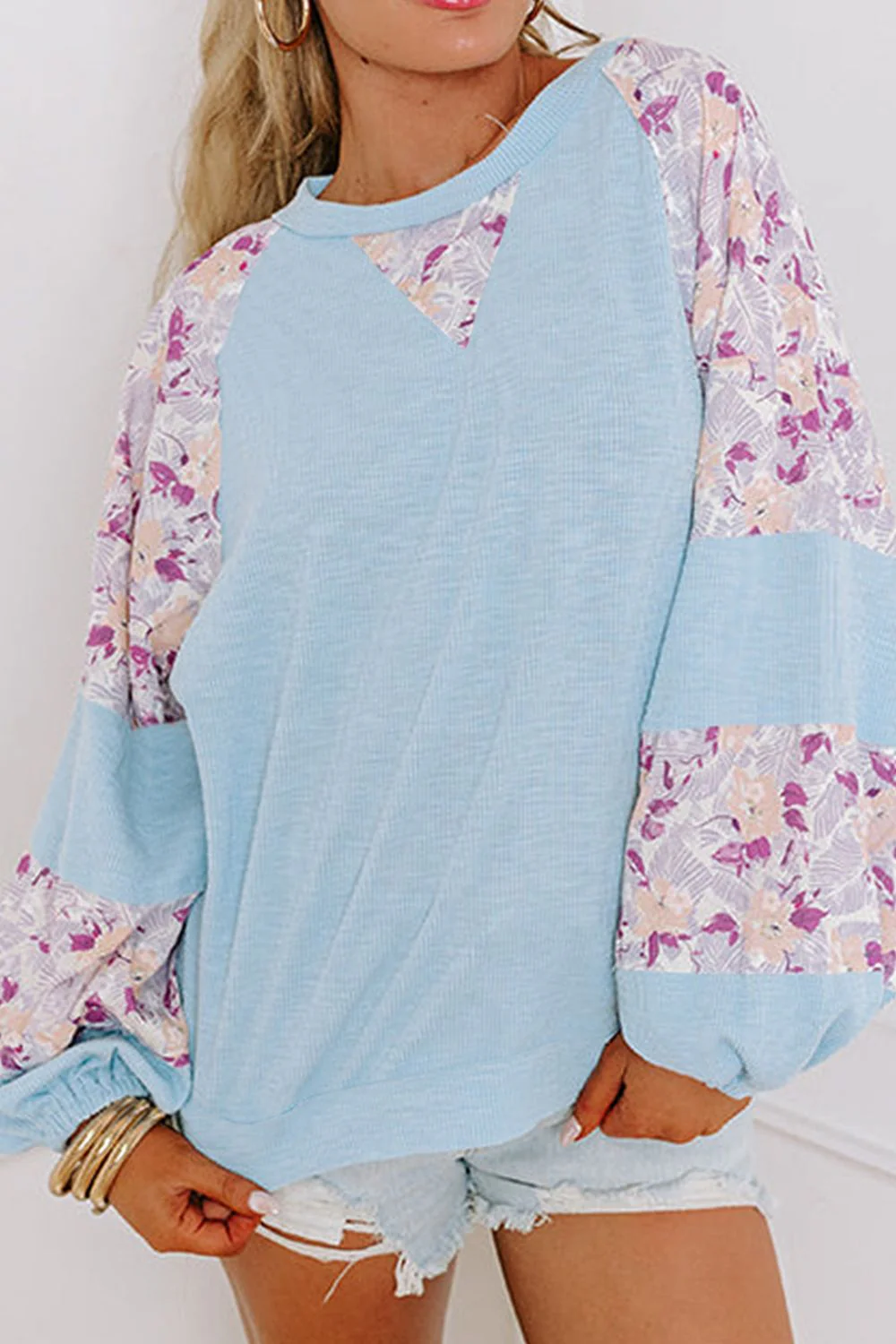 Printed Round Neck Balloon Sleeve Sweatshirt - Image 11