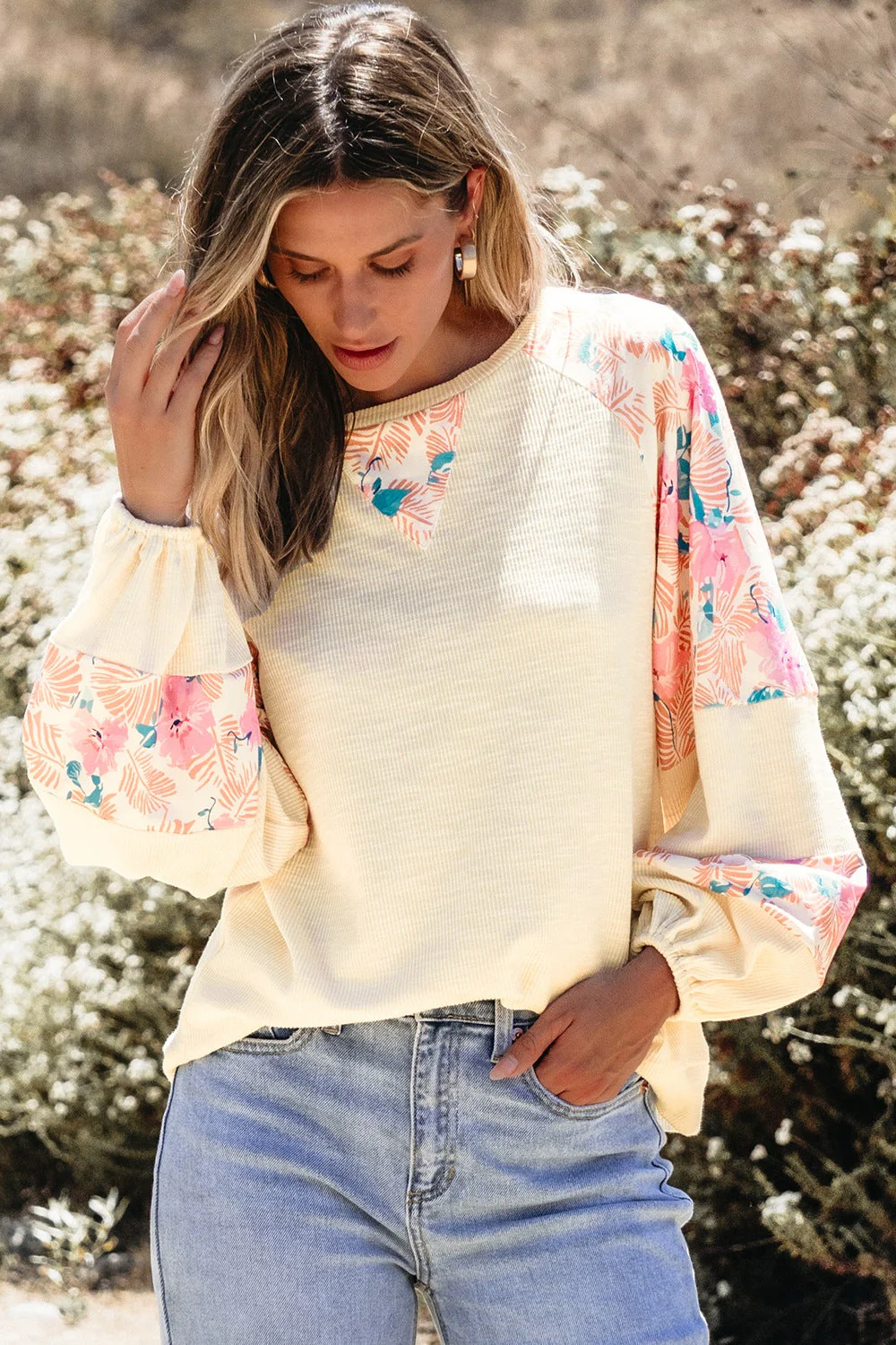 Printed Round Neck Balloon Sleeve Sweatshirt - Image 3