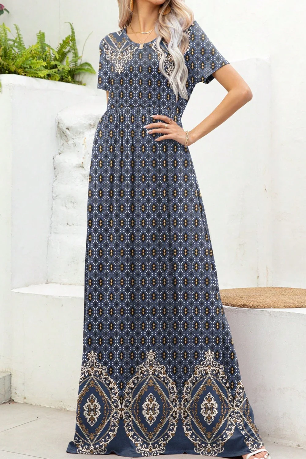 Printed Round Neck Short Sleeve Maxi Dress - Image 10