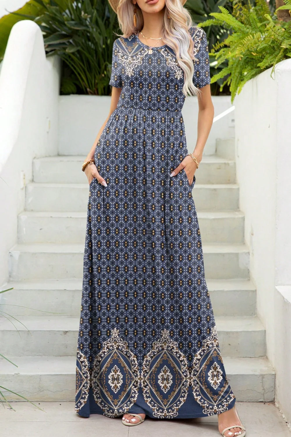 Printed Round Neck Short Sleeve Maxi Dress - Image 12