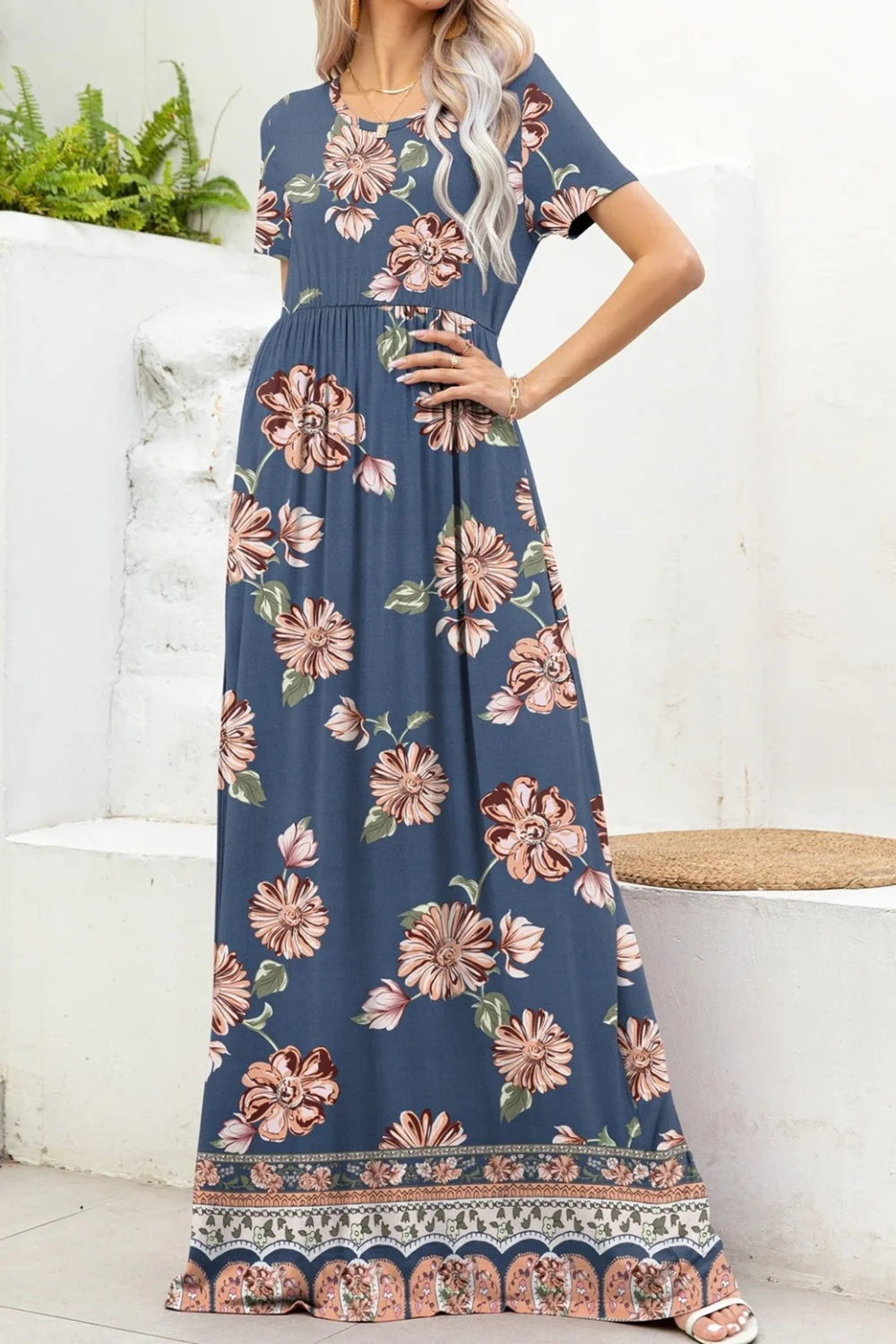 Printed Round Neck Short Sleeve Maxi Dress - Image 3