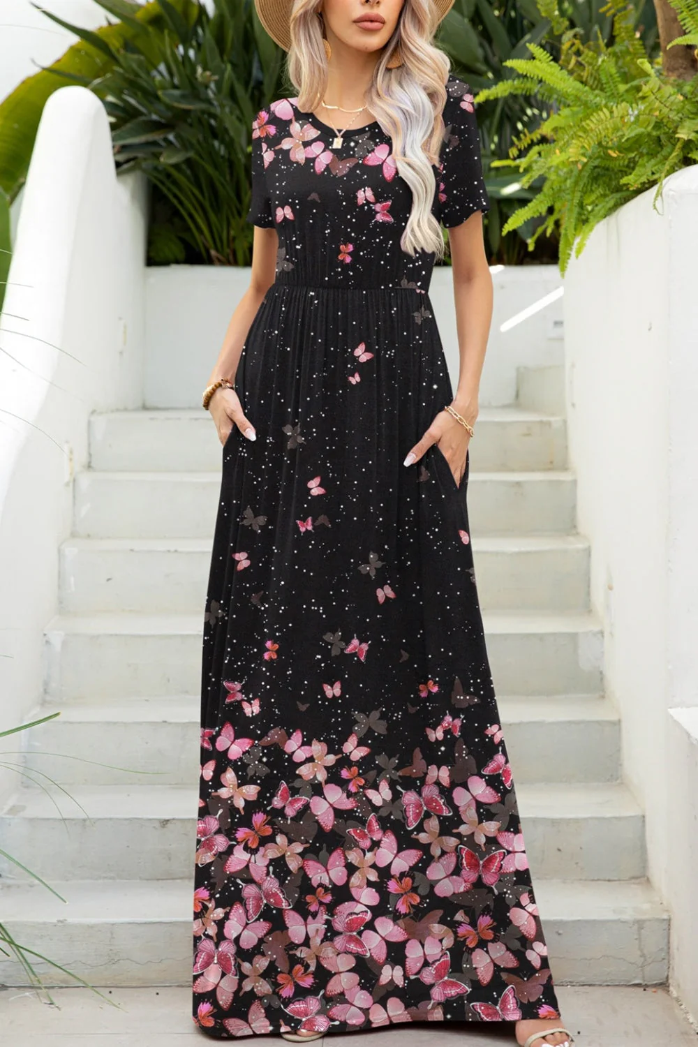 Printed Round Neck Short Sleeve Maxi Dress - Image 4