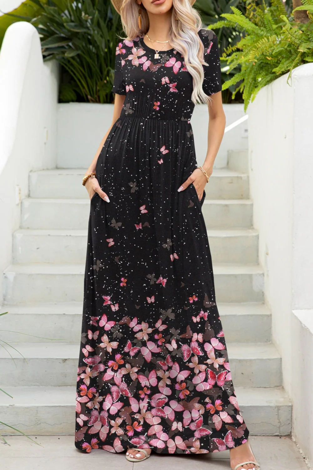 Printed Round Neck Short Sleeve Maxi Dress - Image 5