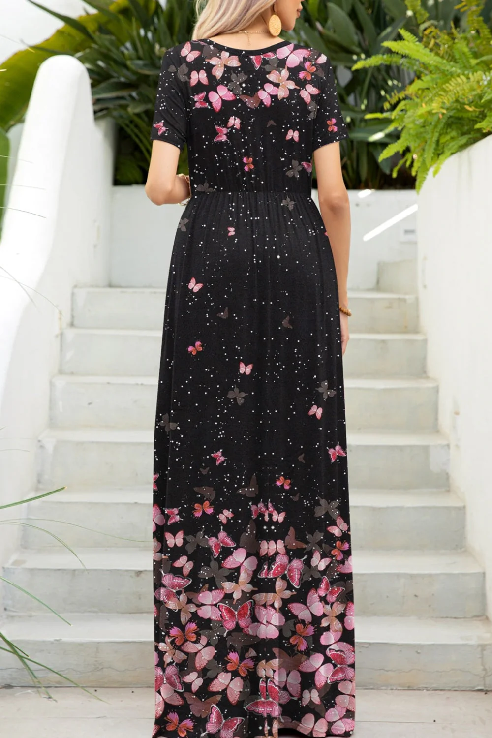 Printed Round Neck Short Sleeve Maxi Dress - Image 6