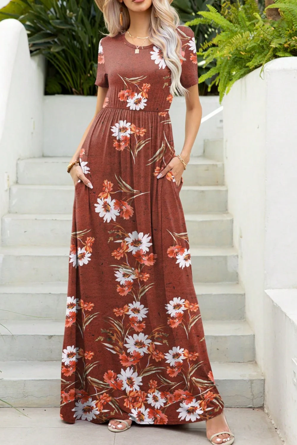 Printed Round Neck Short Sleeve Maxi Dress - Image 9