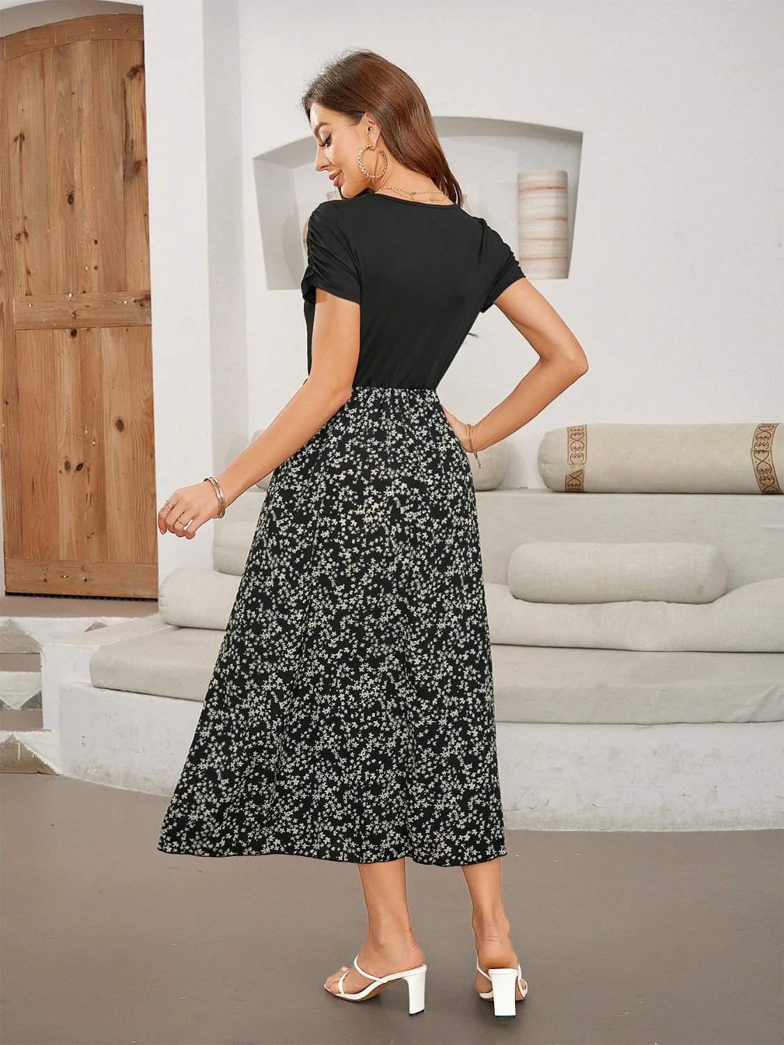 Printed Round Neck Short Sleeve Midi Dress - Image 2