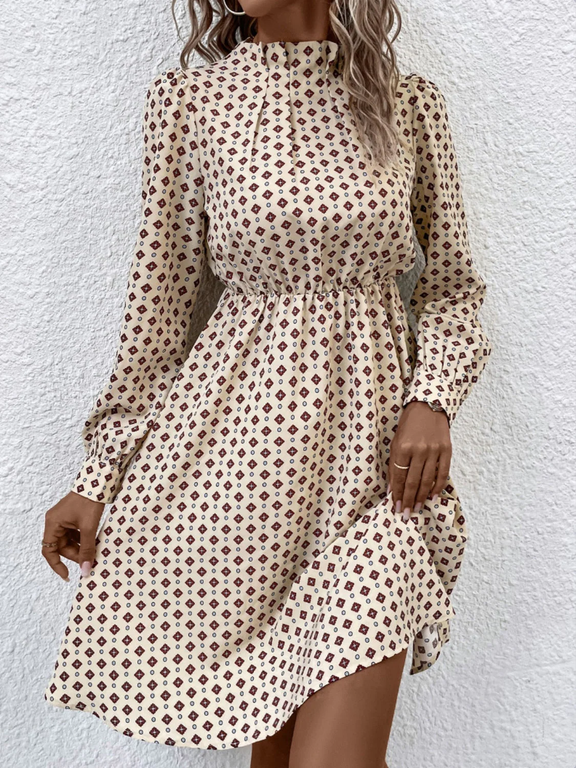 Printed Ruched Mock Neck Long Sleeve Dress - Image 3