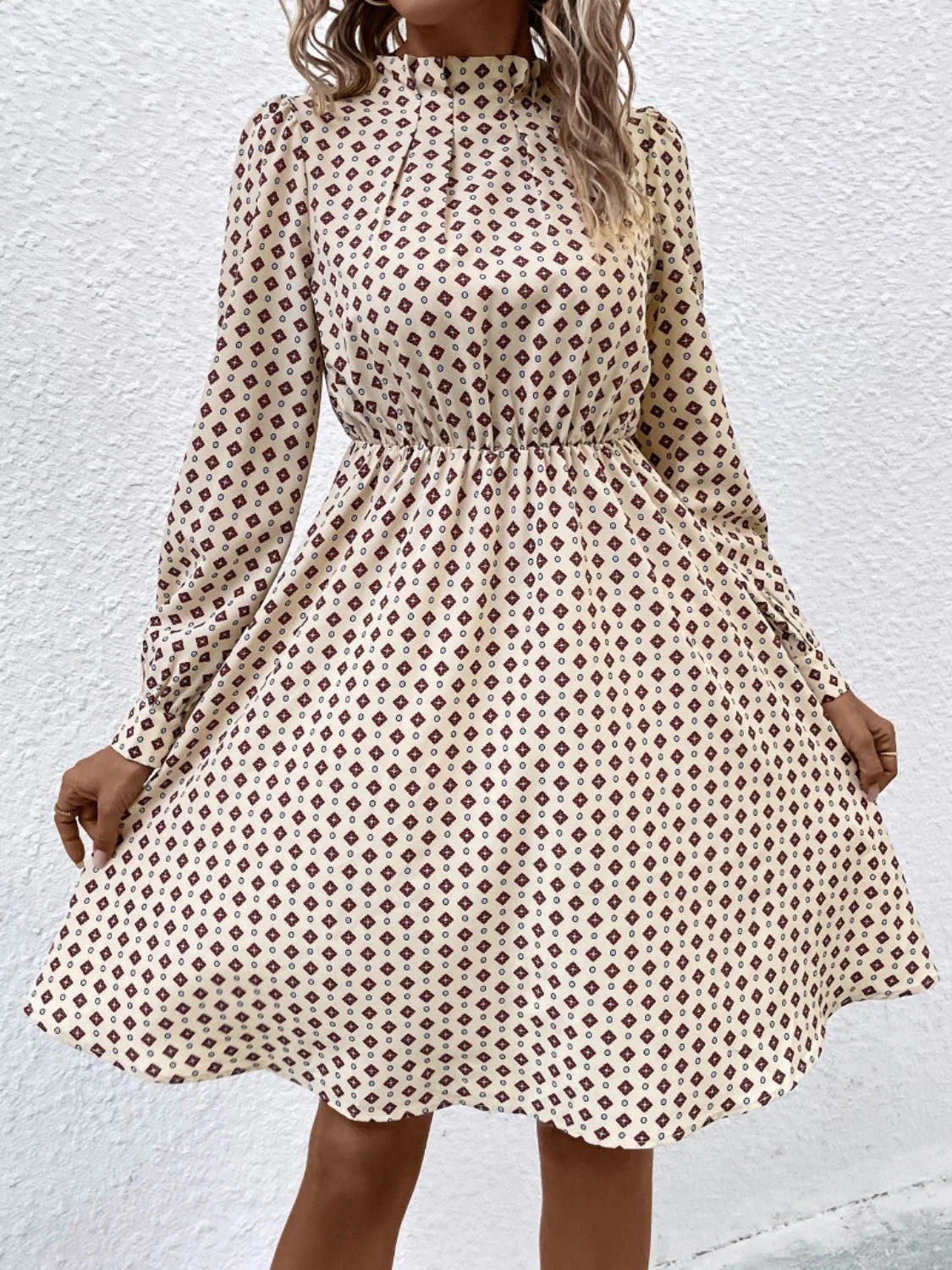Printed Ruched Mock Neck Long Sleeve Dress - Image 4
