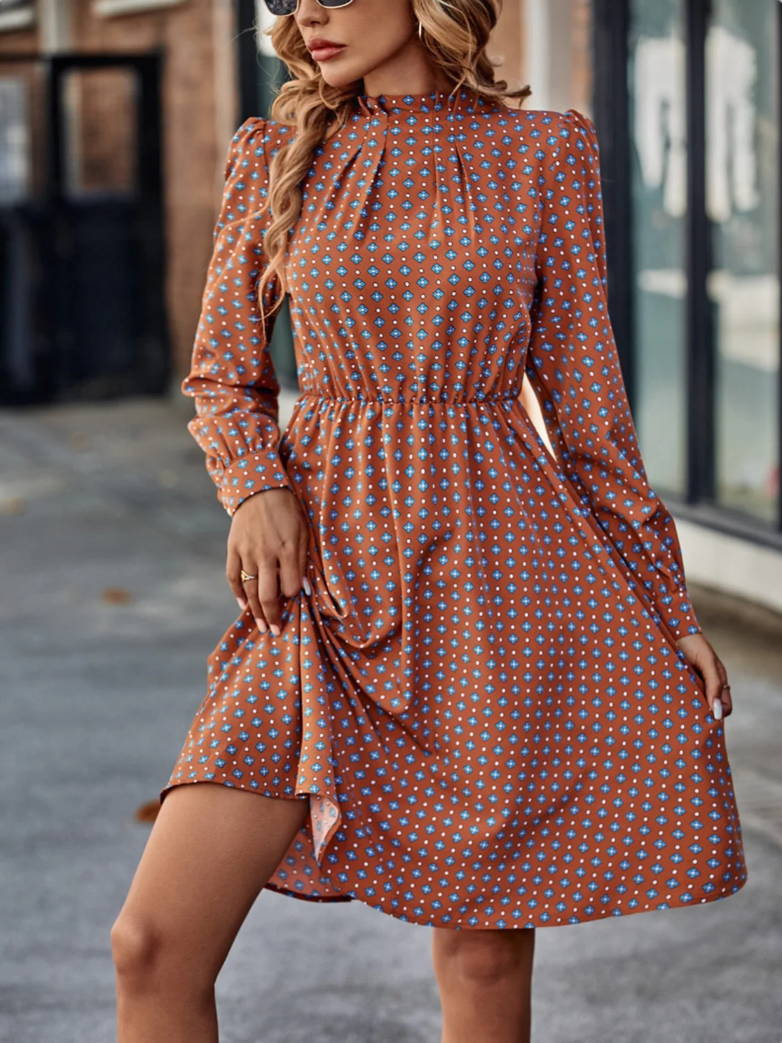 Printed Ruched Mock Neck Long Sleeve Dress - Image 5