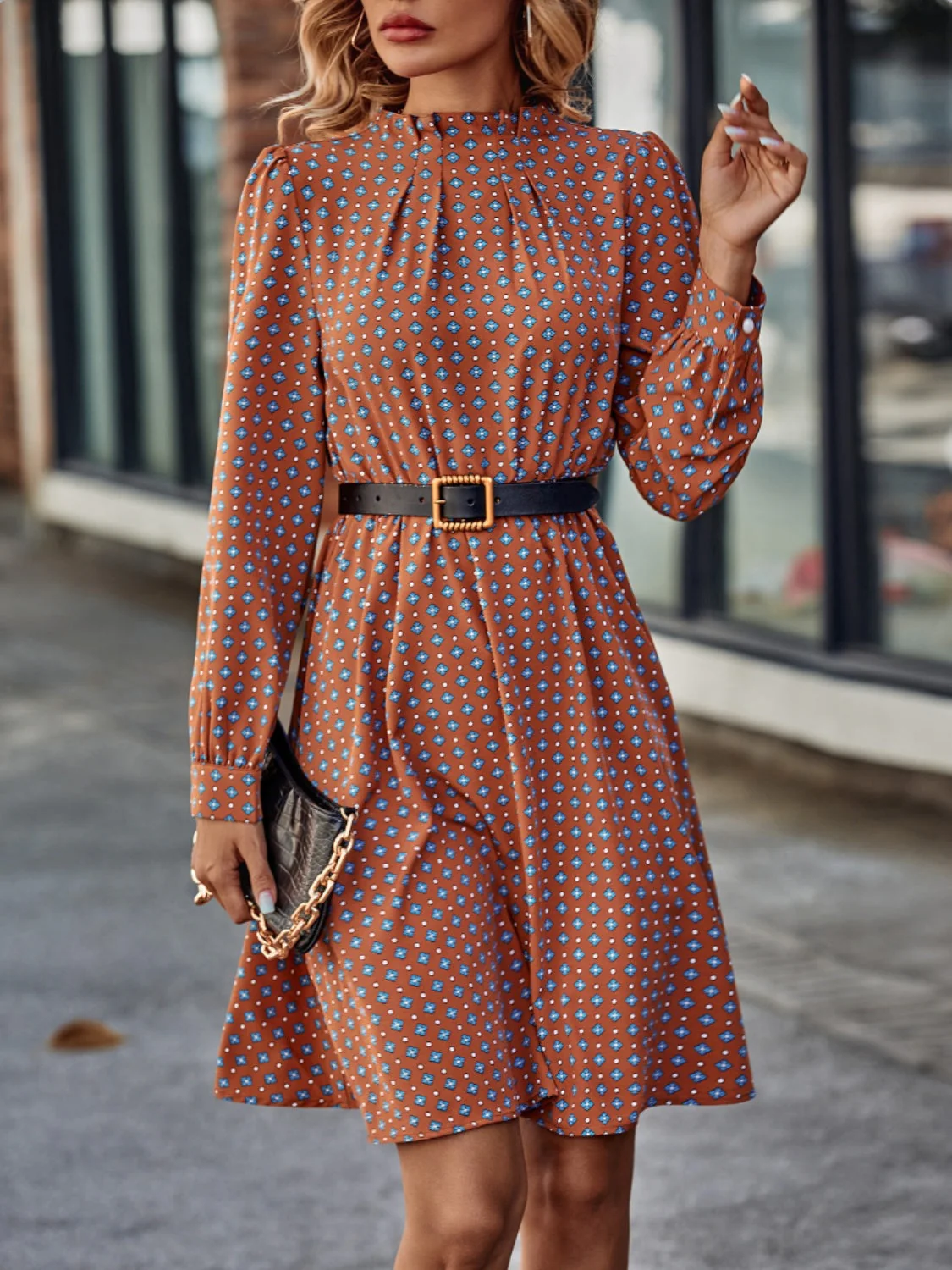 Printed Ruched Mock Neck Long Sleeve Dress - Image 7