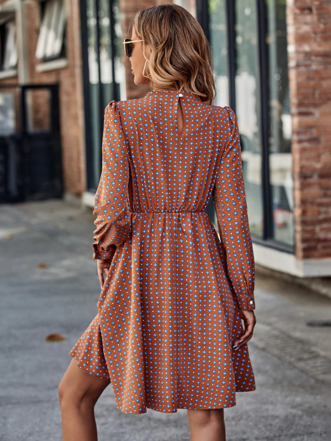 Printed Ruched Mock Neck Long Sleeve Dress - Image 8
