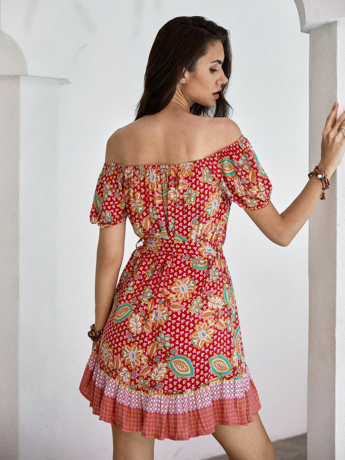 Printed Short Sleeve Tie Waist Mini Dress - Image 2