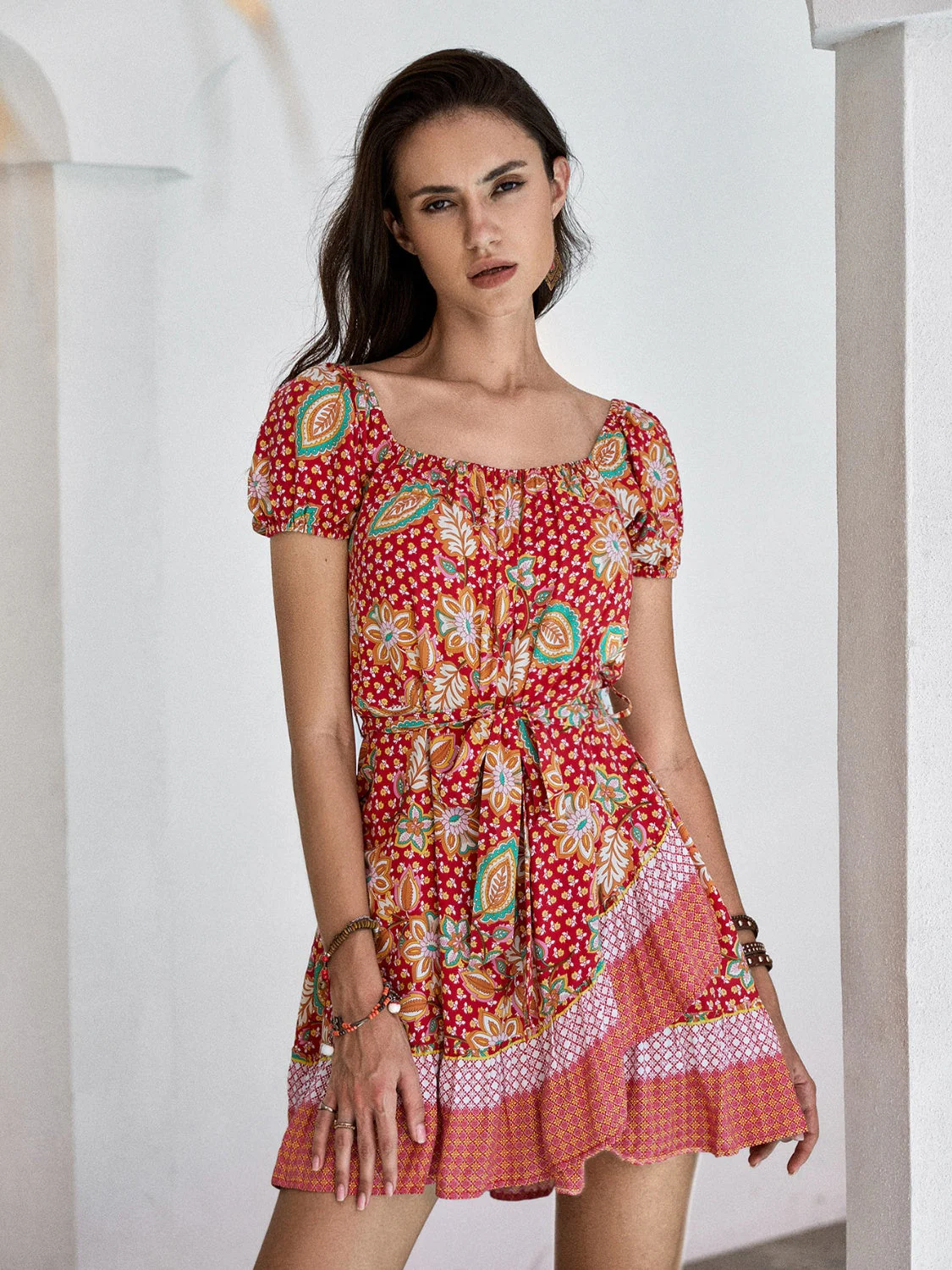 Printed Short Sleeve Tie Waist Mini Dress - Image 3