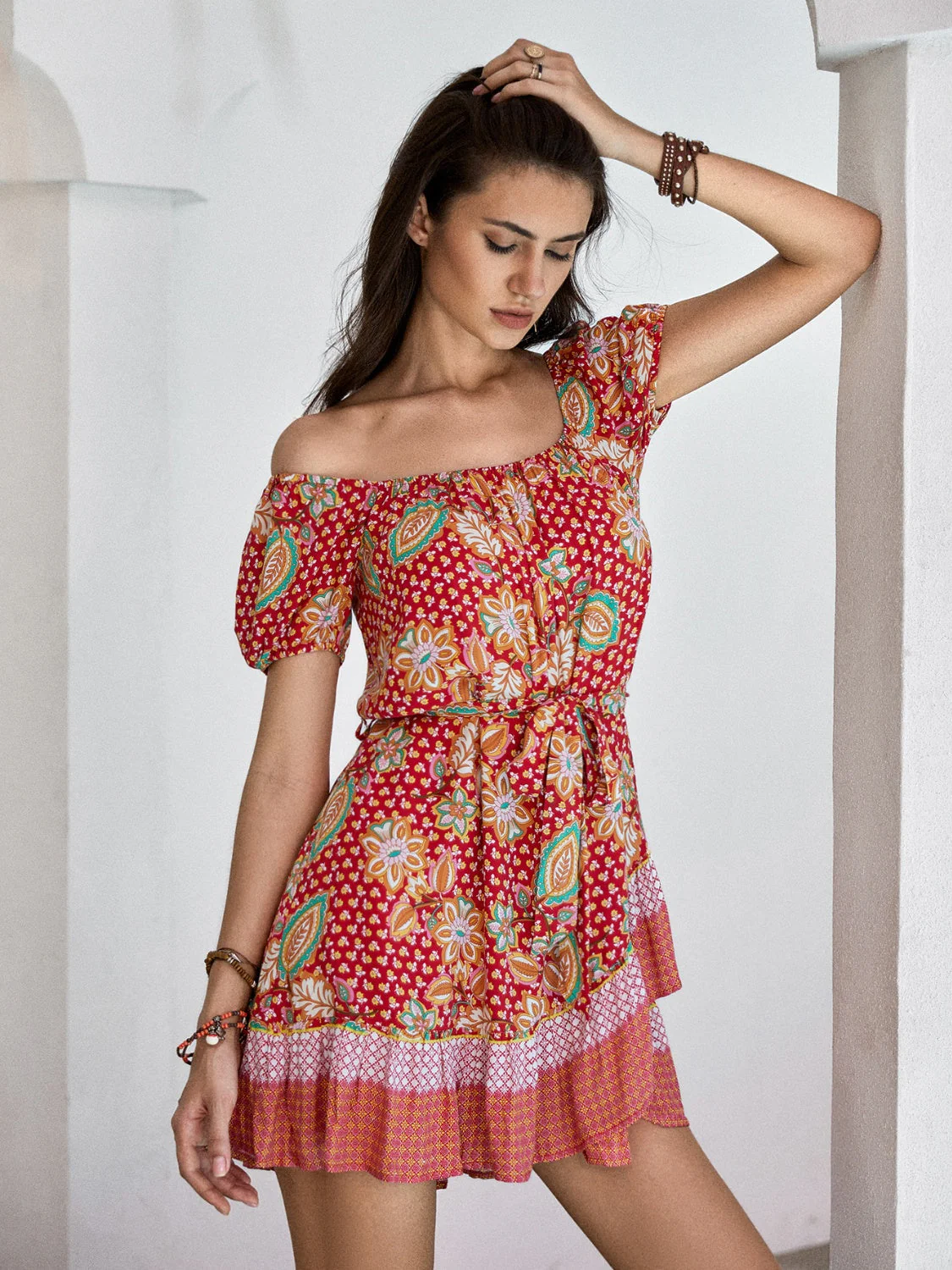 Printed Short Sleeve Tie Waist Mini Dress - Image 4