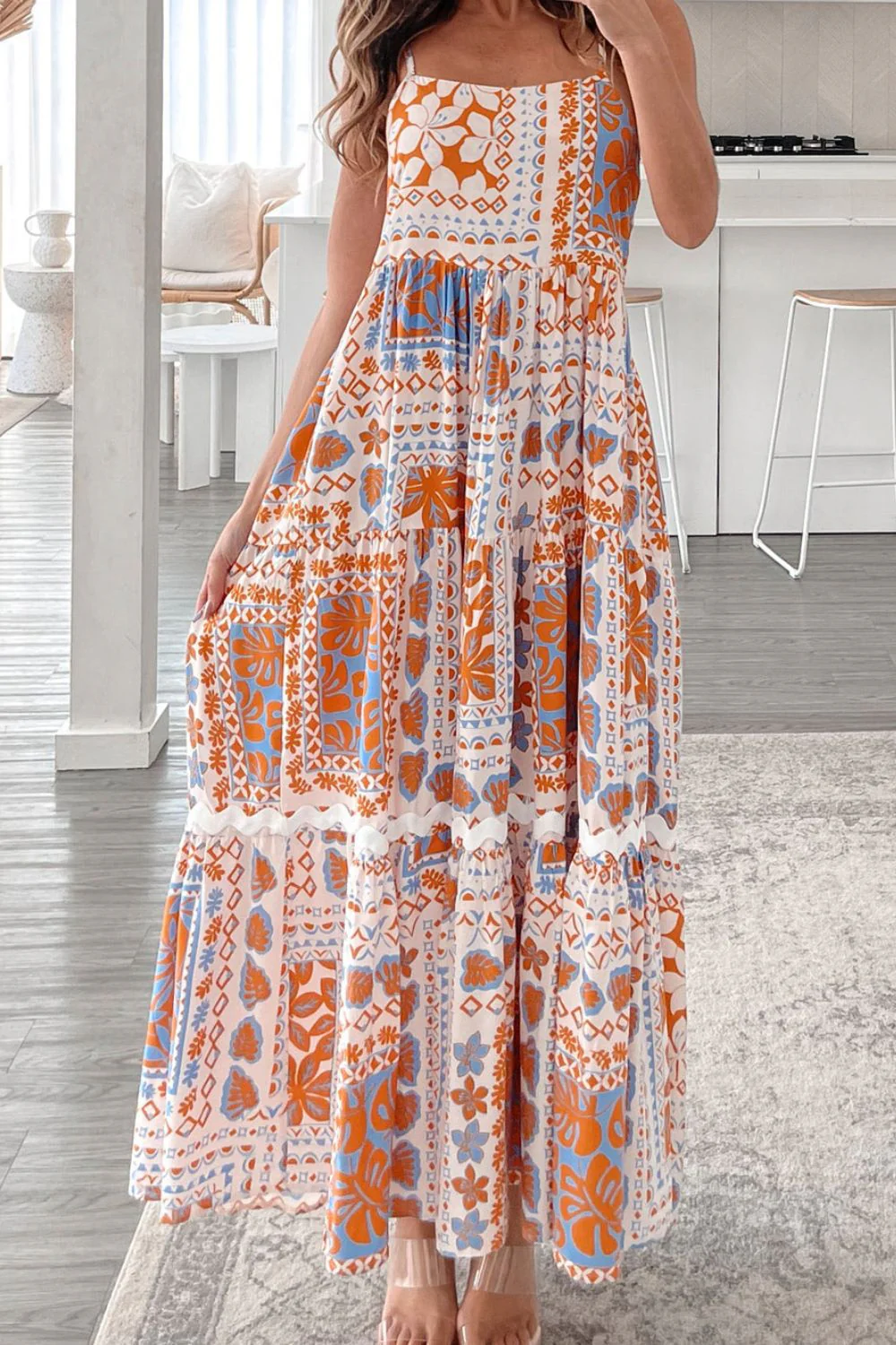 Printed Smocked Back Ricrac Trim Cami Dress - Image 3