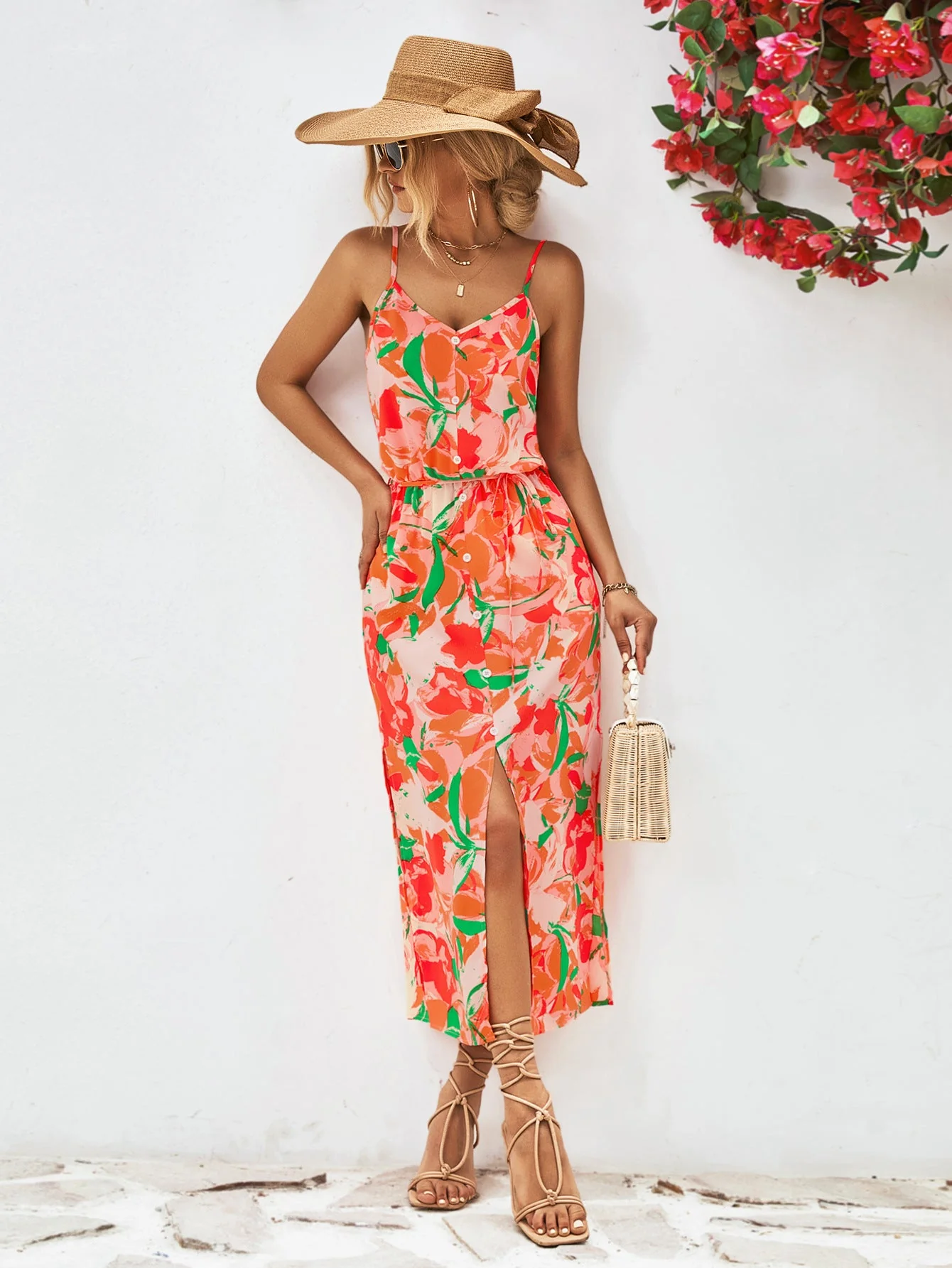 Printed Spaghetti Strap Front Slit Dress - Image 10