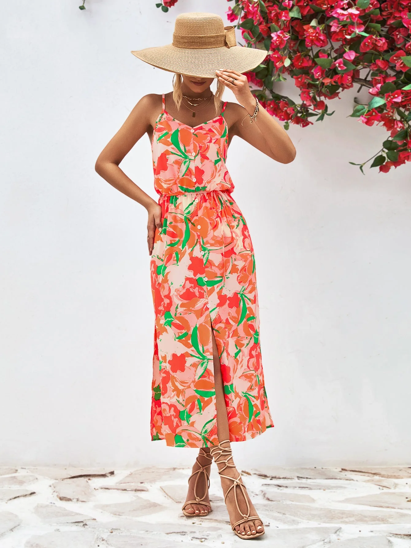 Printed Spaghetti Strap Front Slit Dress - Image 11