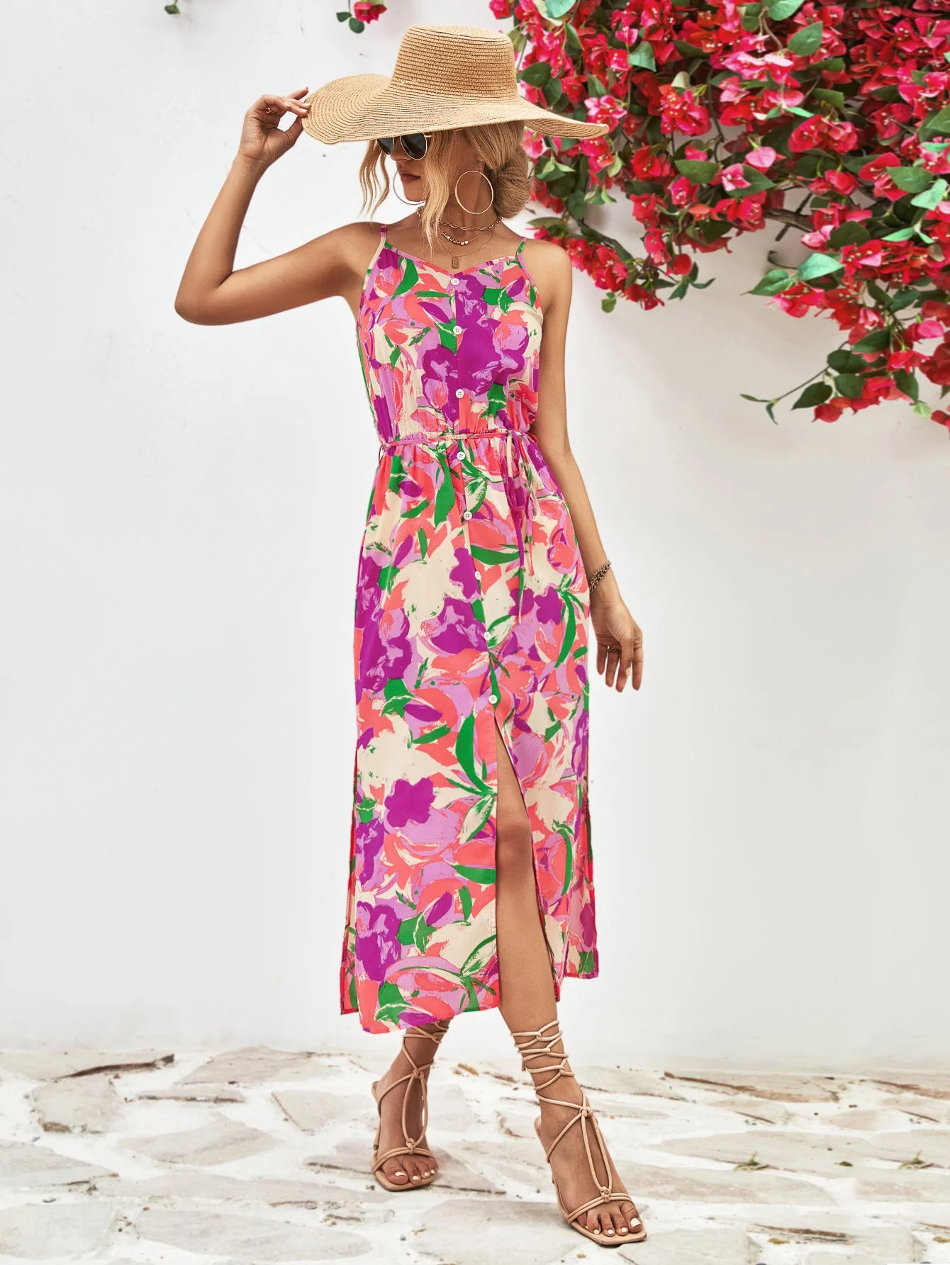 Printed Spaghetti Strap Front Slit Dress - Image 3