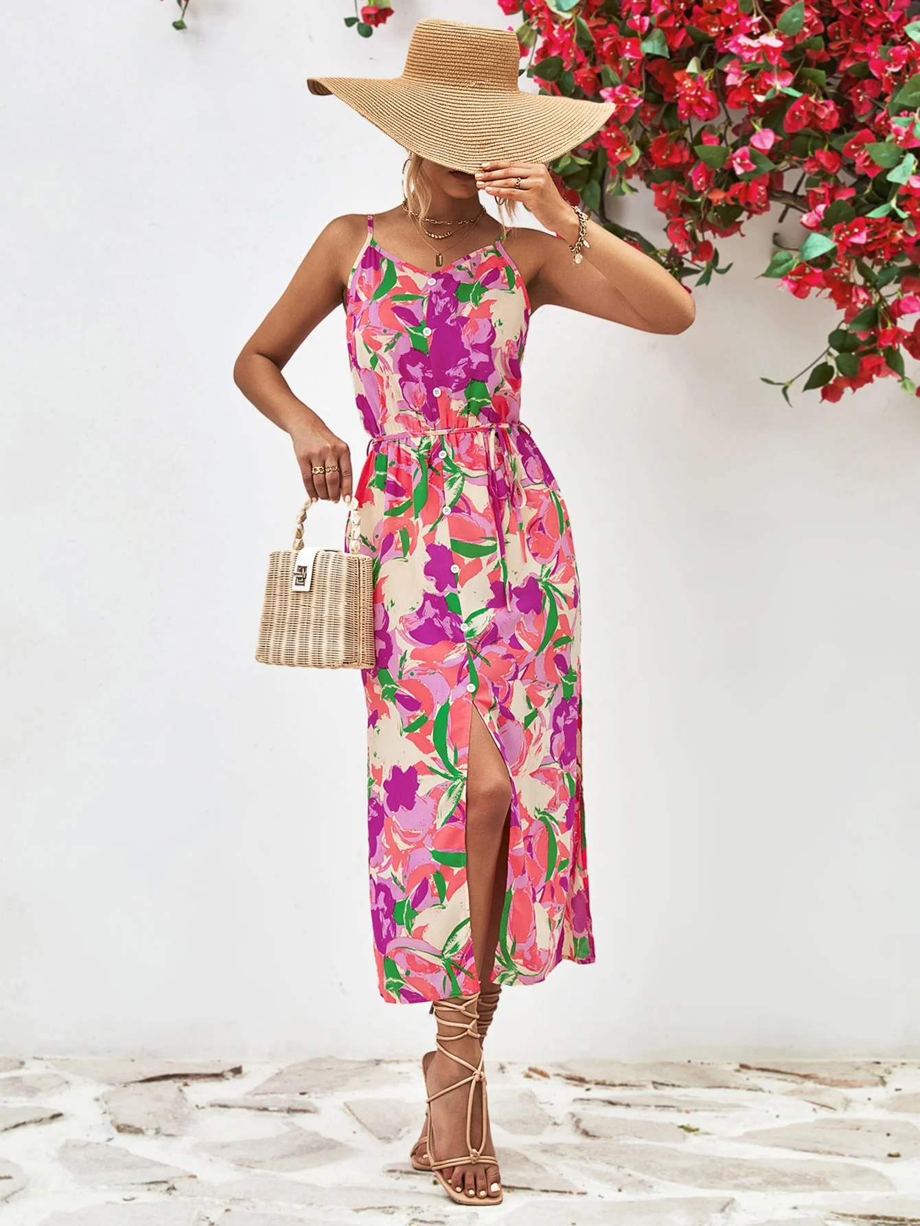Printed Spaghetti Strap Front Slit Dress - Image 4