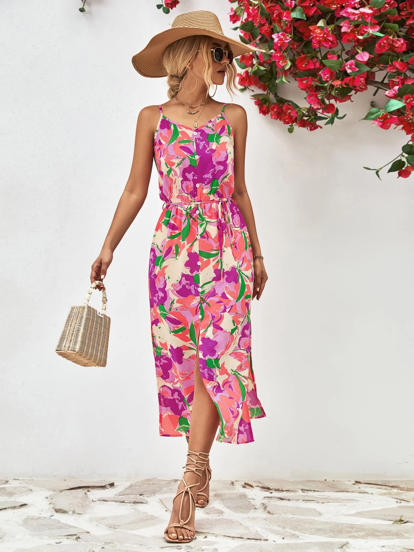 Printed Spaghetti Strap Front Slit Dress - Image 5