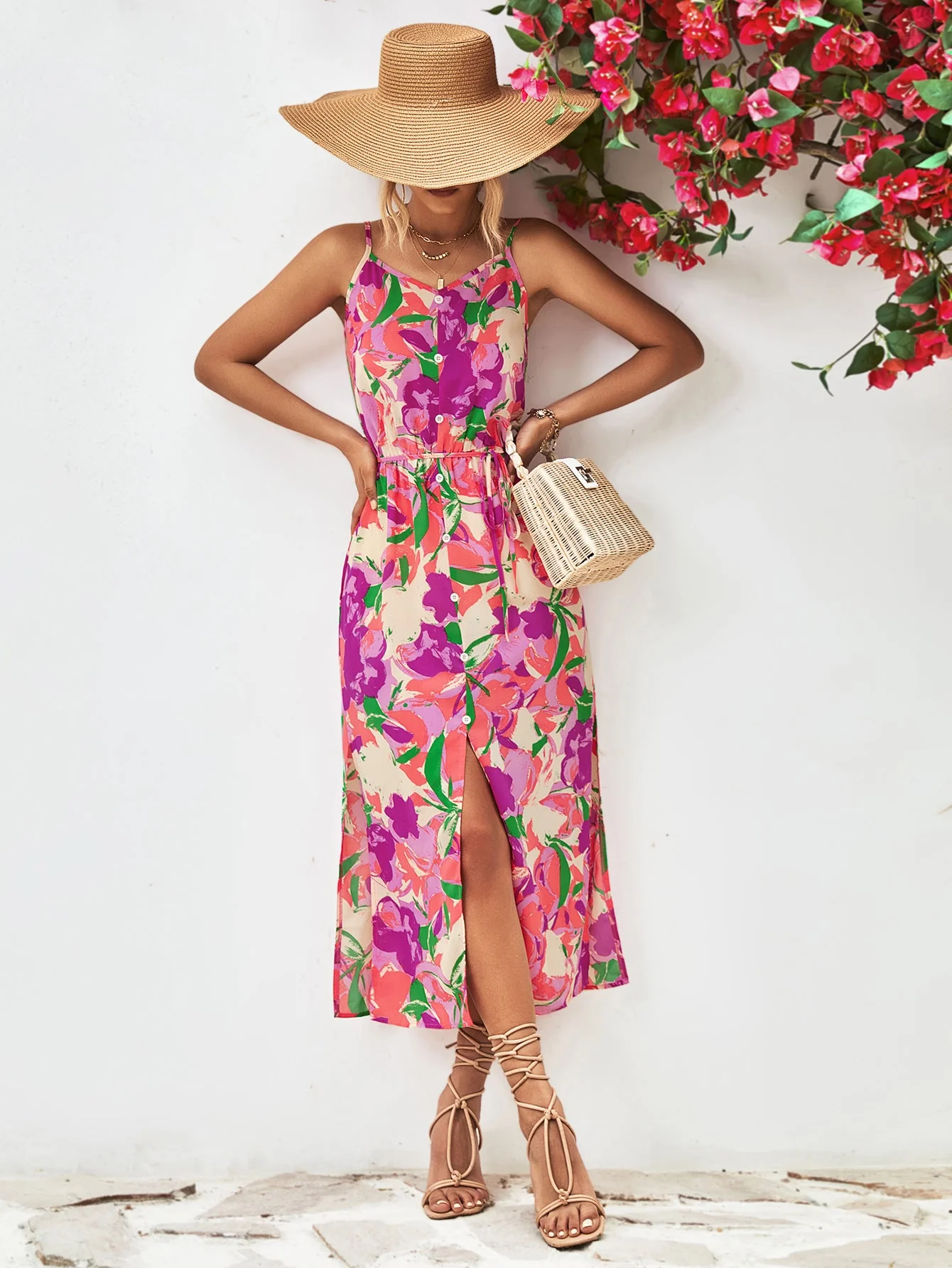 Printed Spaghetti Strap Front Slit Dress - Image 6