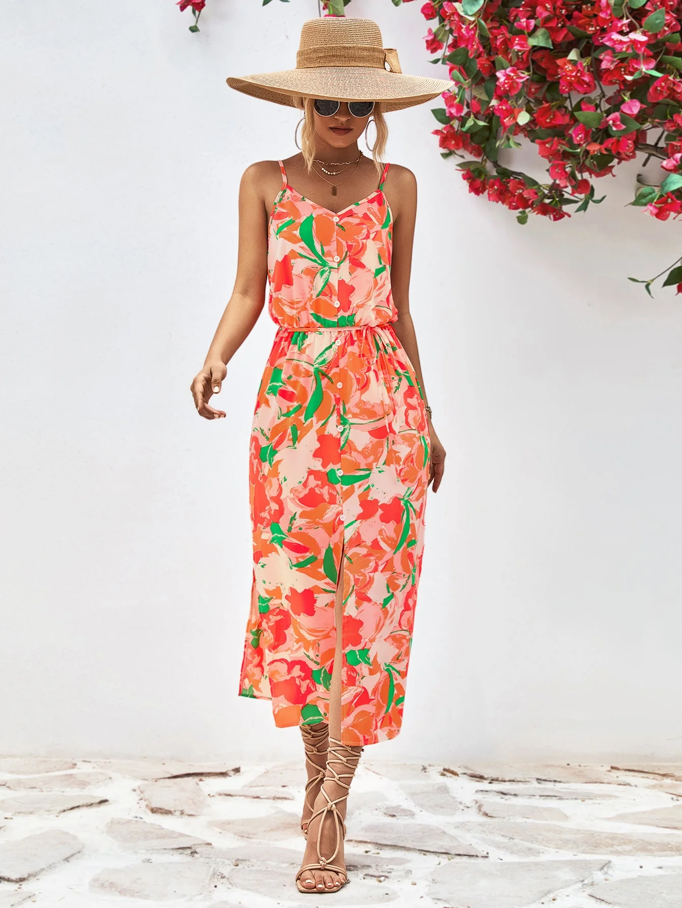 Printed Spaghetti Strap Front Slit Dress - Image 7