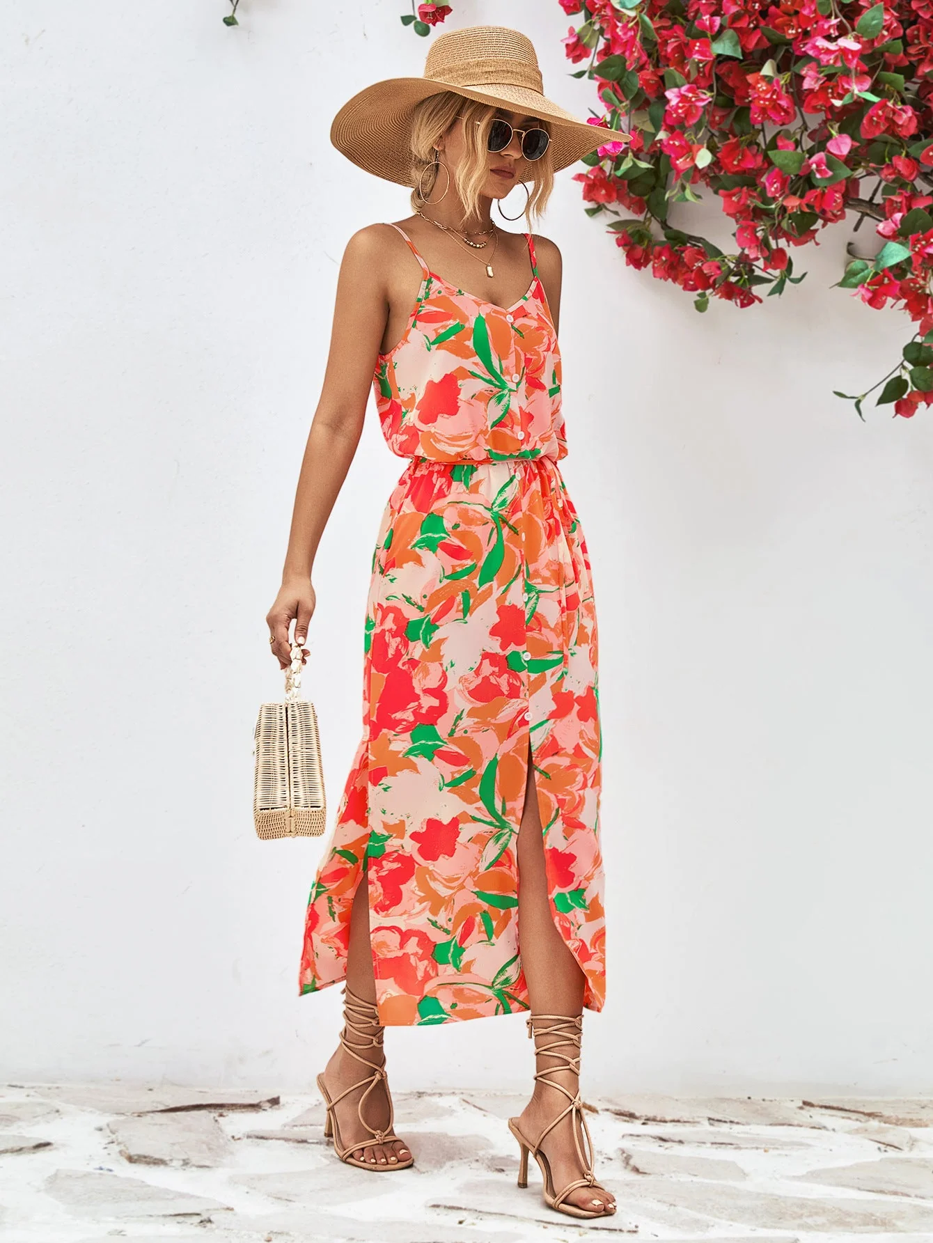 Printed Spaghetti Strap Front Slit Dress - Image 8