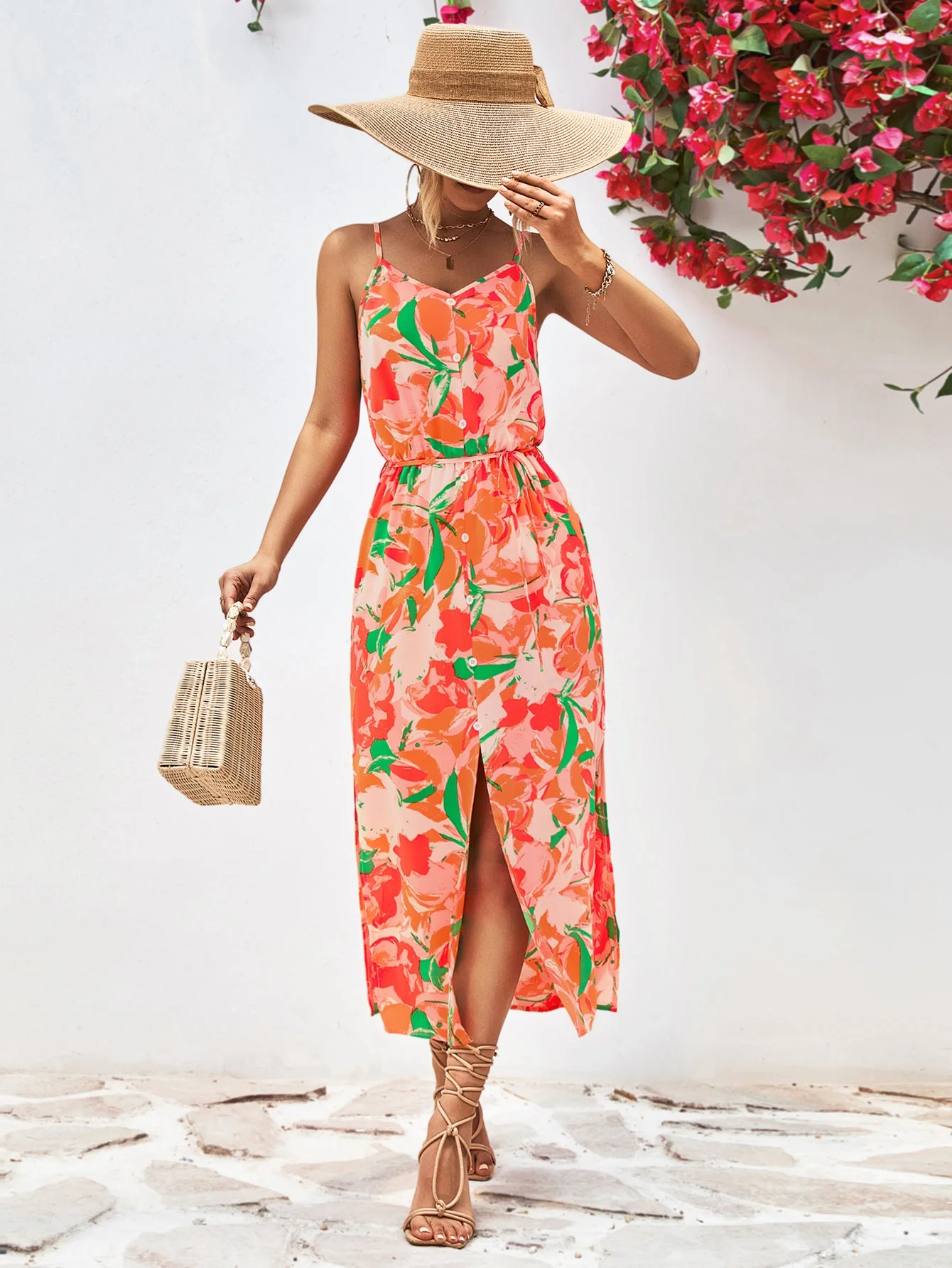 Printed Spaghetti Strap Front Slit Dress - Image 9