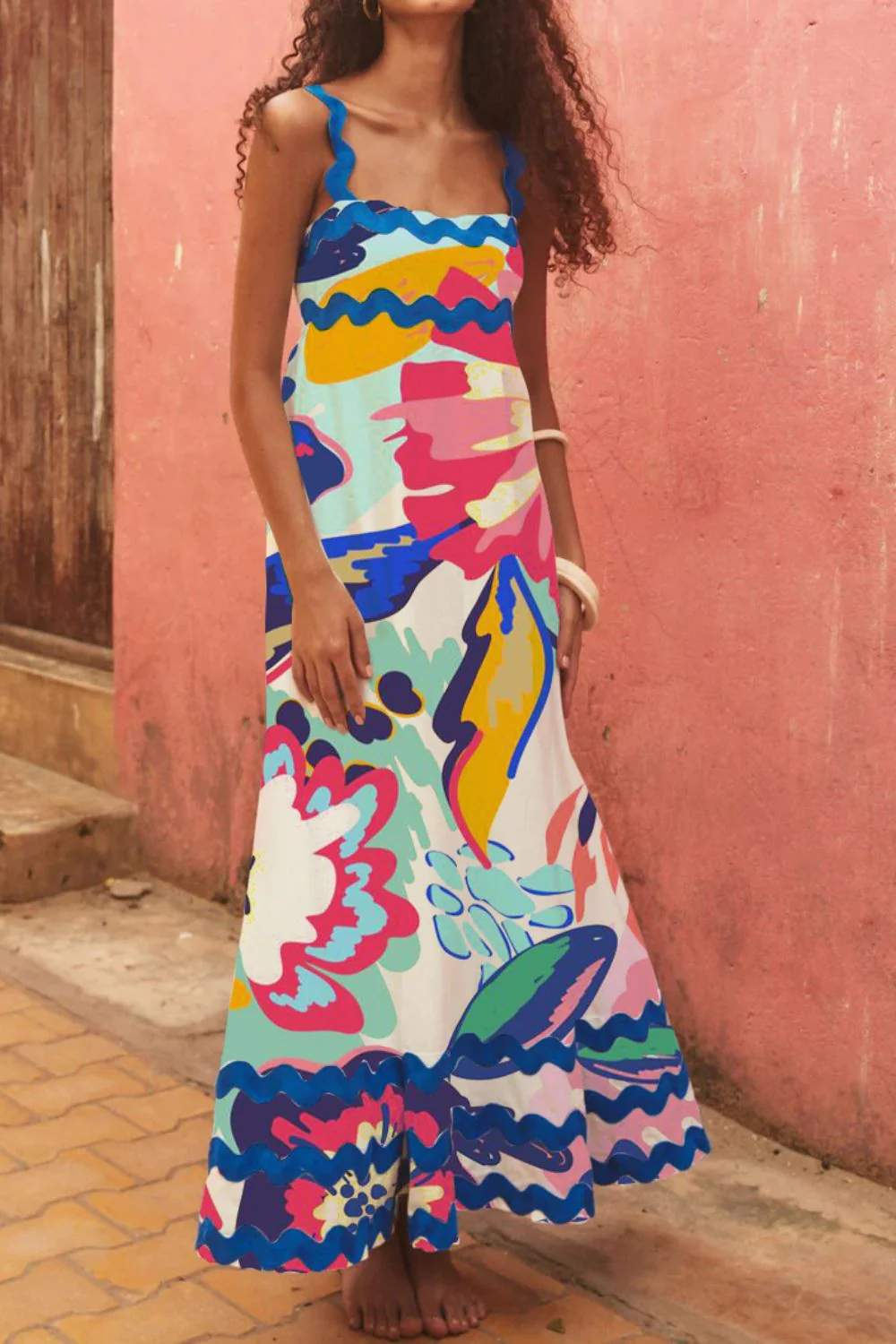 Printed Square Neck Wide Strap Dress - Image 4