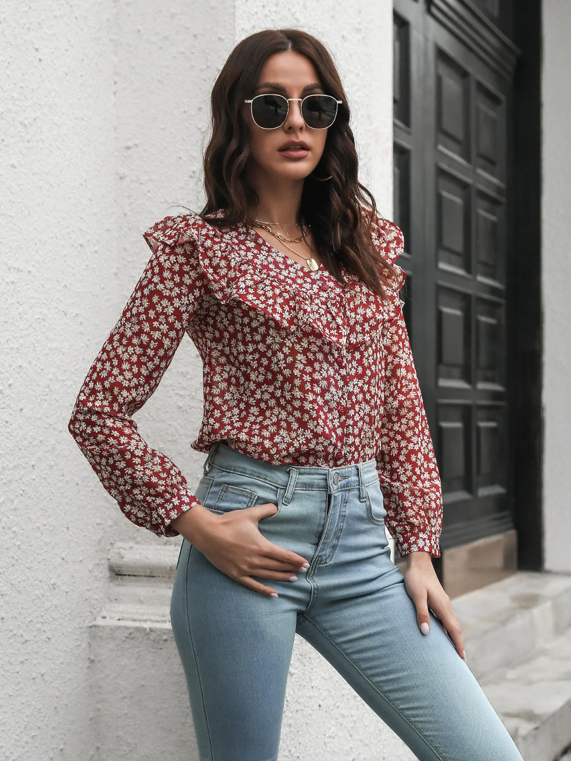 Printed Statement Collar Long Sleeve Blouse - Image 4
