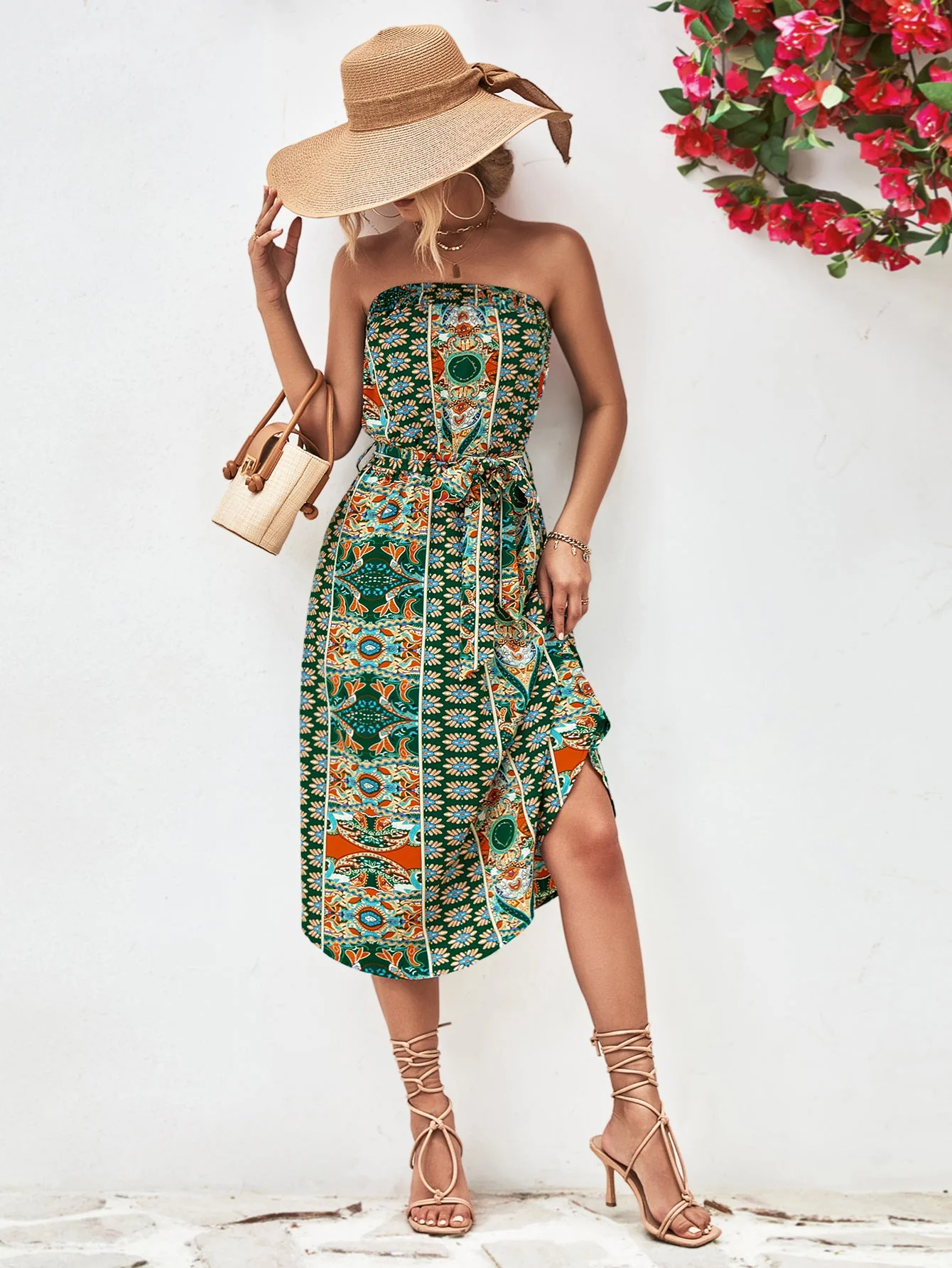 Printed Strapless Tie Belt Dress - Image 10