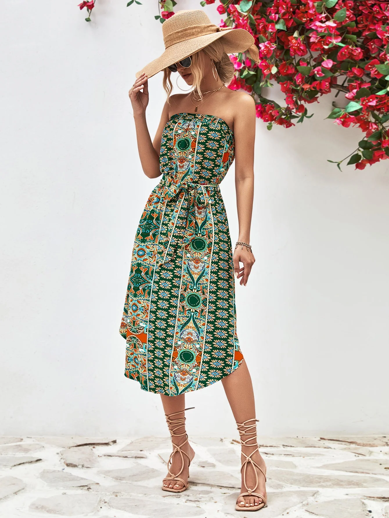 Printed Strapless Tie Belt Dress - Image 11