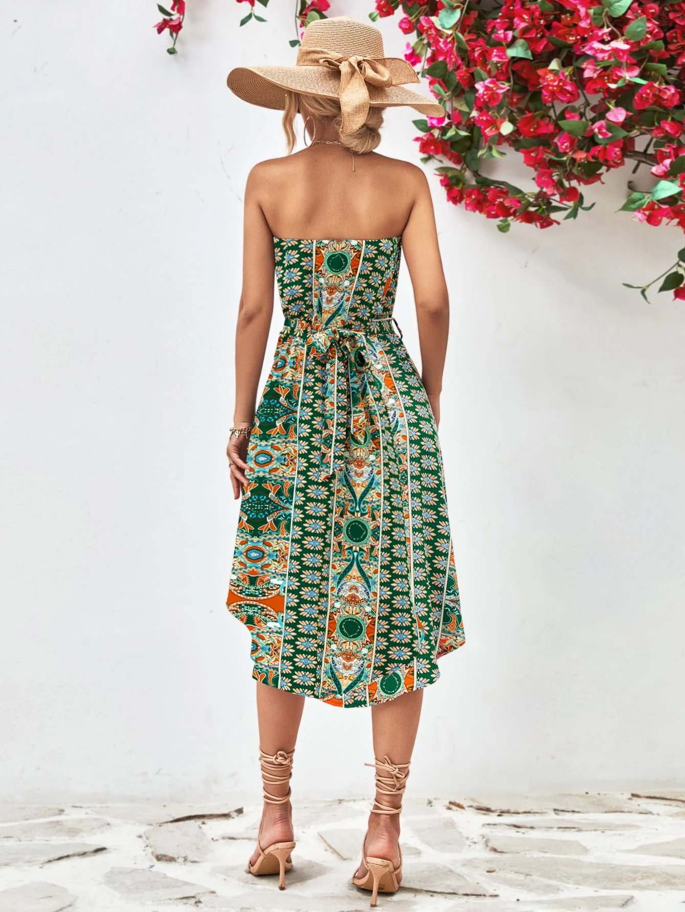 Printed Strapless Tie Belt Dress - Image 12