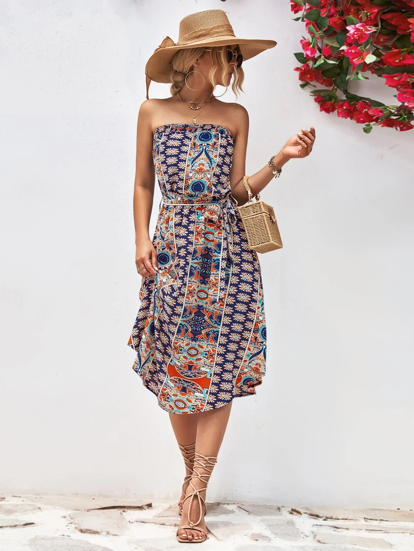 Printed Strapless Tie Belt Dress - Image 13