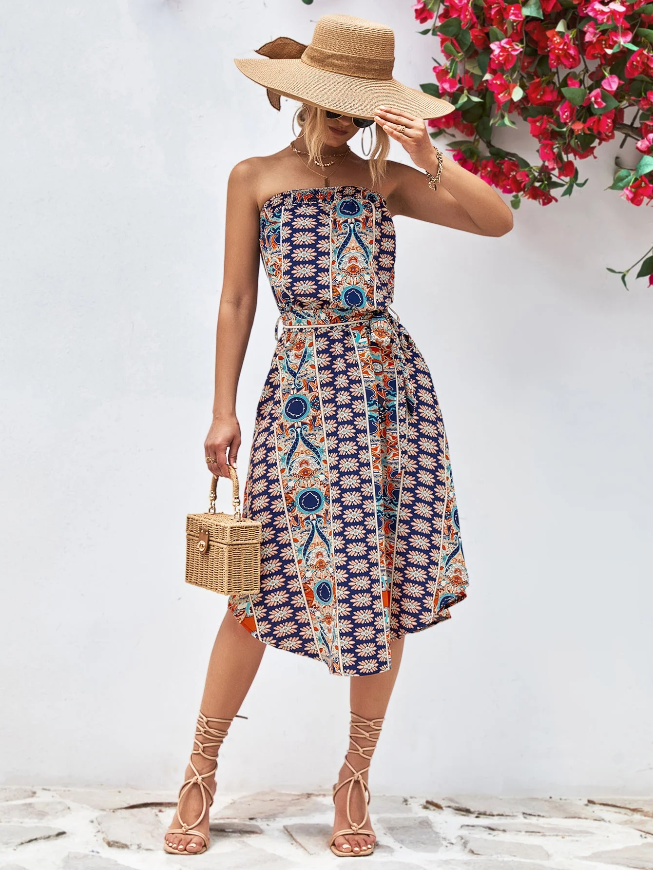 Printed Strapless Tie Belt Dress - Image 14