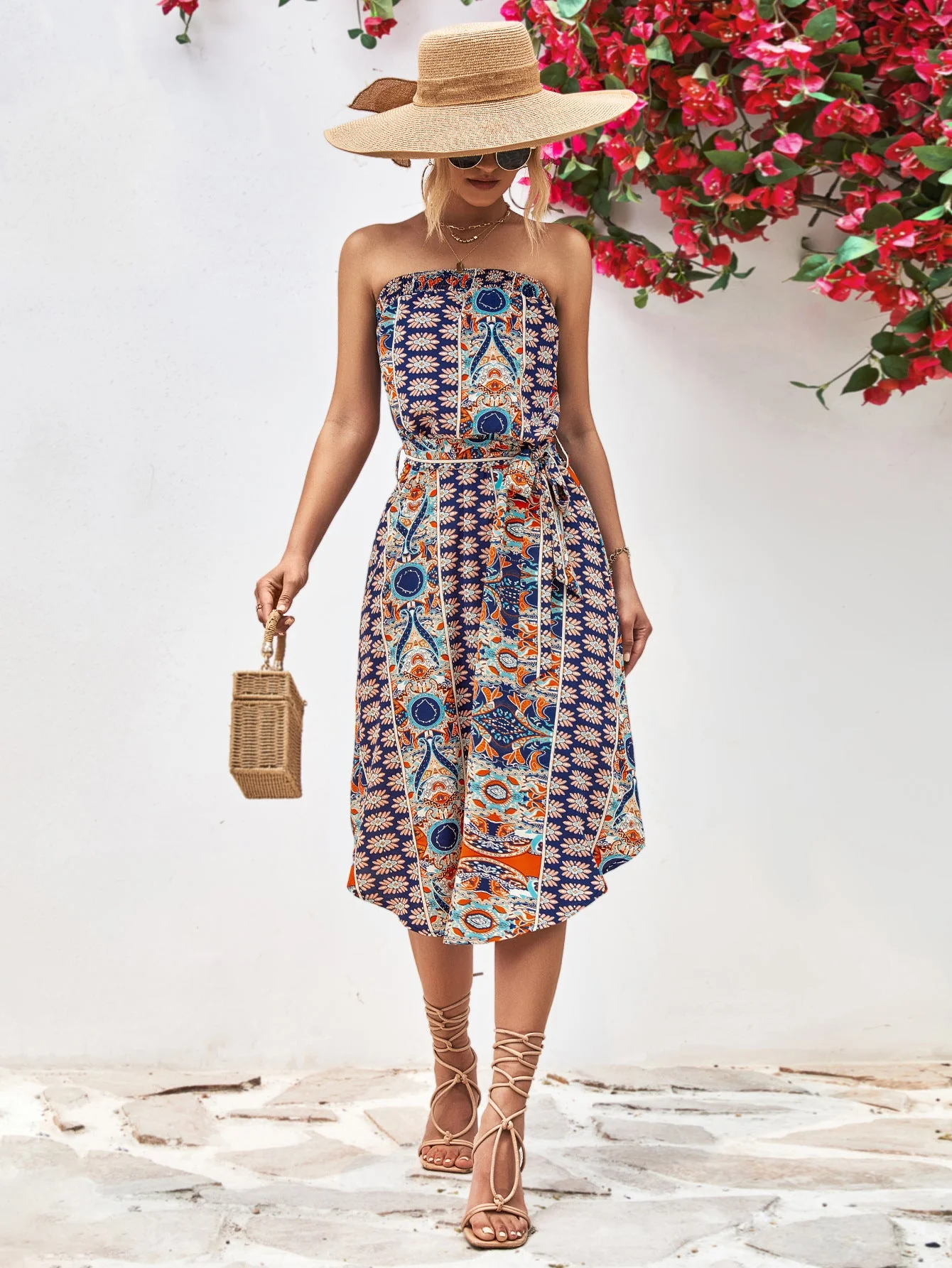 Printed Strapless Tie Belt Dress - Image 15